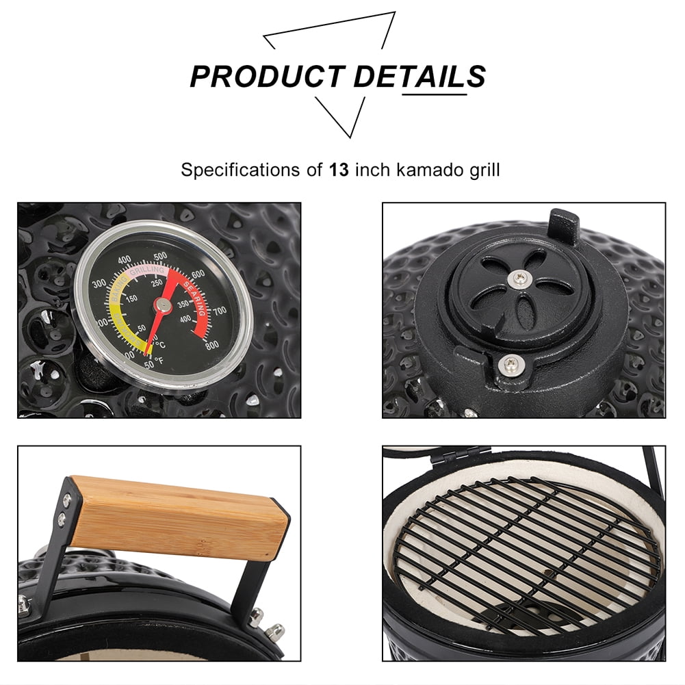 Veryke 13in Ceramic Charcoal Kamado Grill, Outdoor BBQ Smoker and Roaster (Black, 13 in) 49lyr