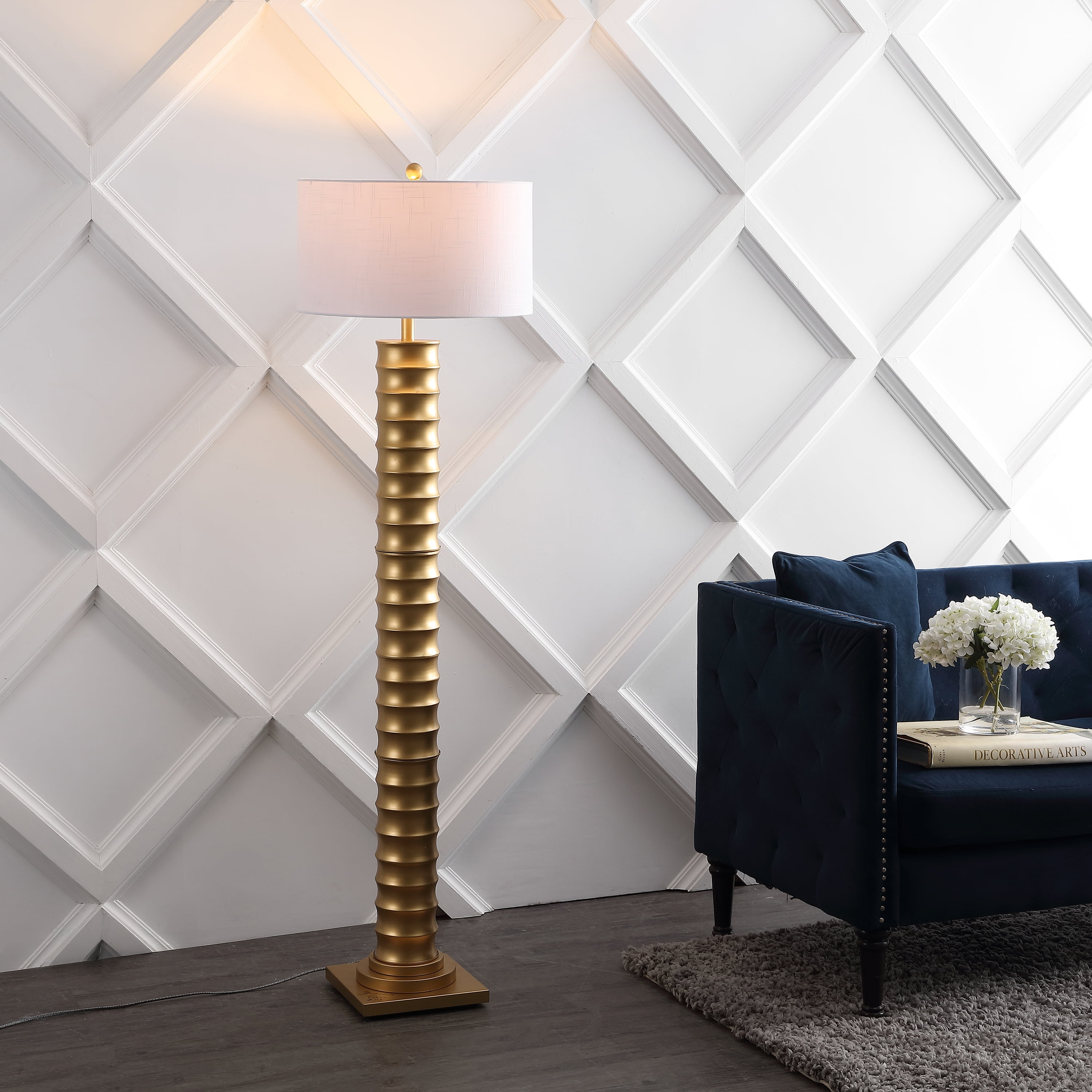 JONATHAN Y Serena Metal LED Floor Lamp, Modern Glamour Lighting with Cotton Shade (Gold, 63 in) x3lgt