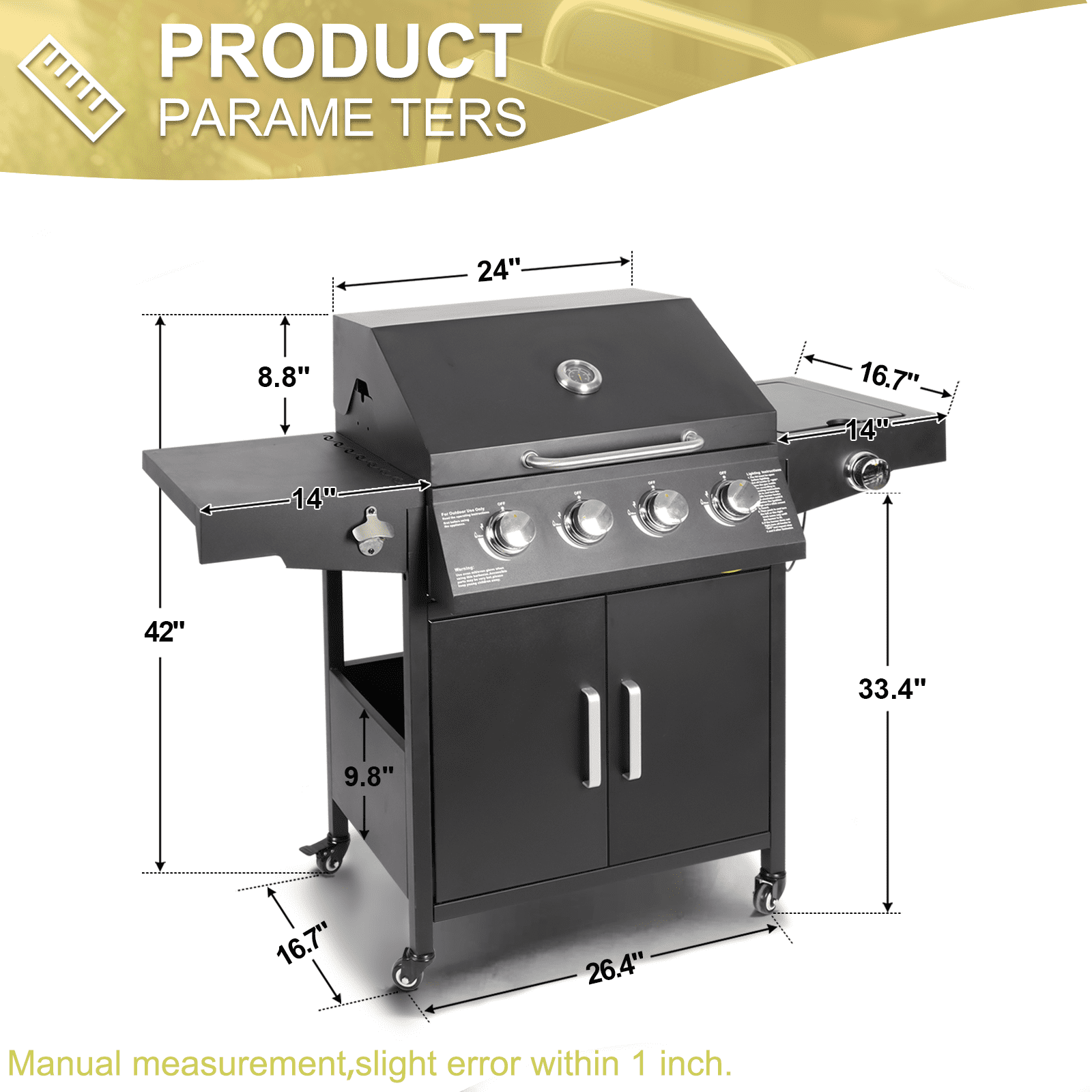 BETISEF 4-Burner Propane Gas Grill with Side Burner and Side Table (Black, 52 in x 16.7 in x 42 in) d3y9z