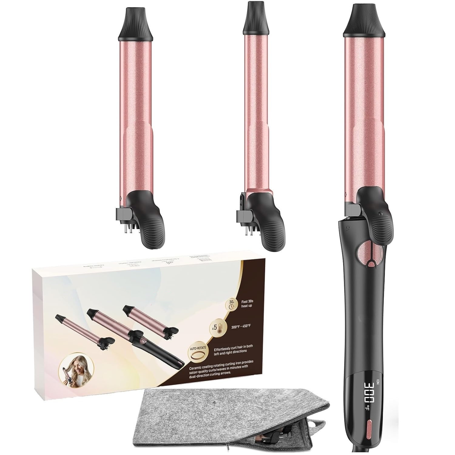 Professional 3-in-1 Automatic Rotating Curling Iron Set with Interchangeable Ceramic Barrels (Black, 0.75 in, 1 in, 1.25 in) du7s8