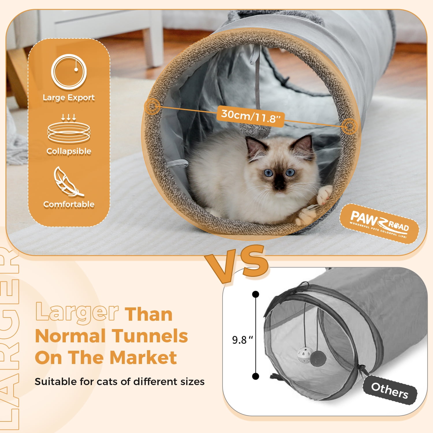 Pawz Road Cat Tunnel Collapsible Suede Hideaway Toy for Indoor Cats (Grey, 51.2 in) 1ggqj