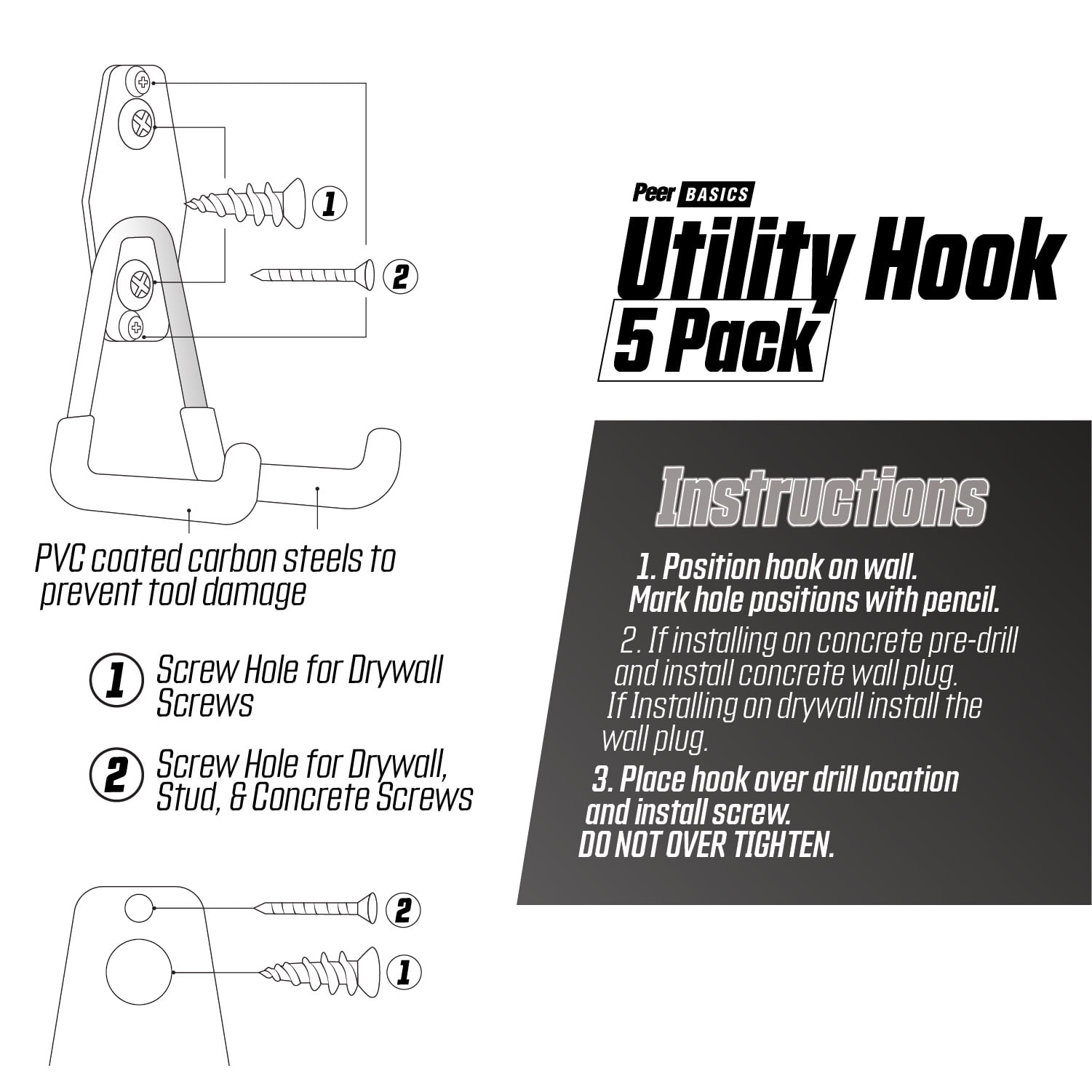PeerBasics Heavy-Duty Utility Hook Set, Garage Organization Storage Hangers (Black, 5 Pack) sxvmi