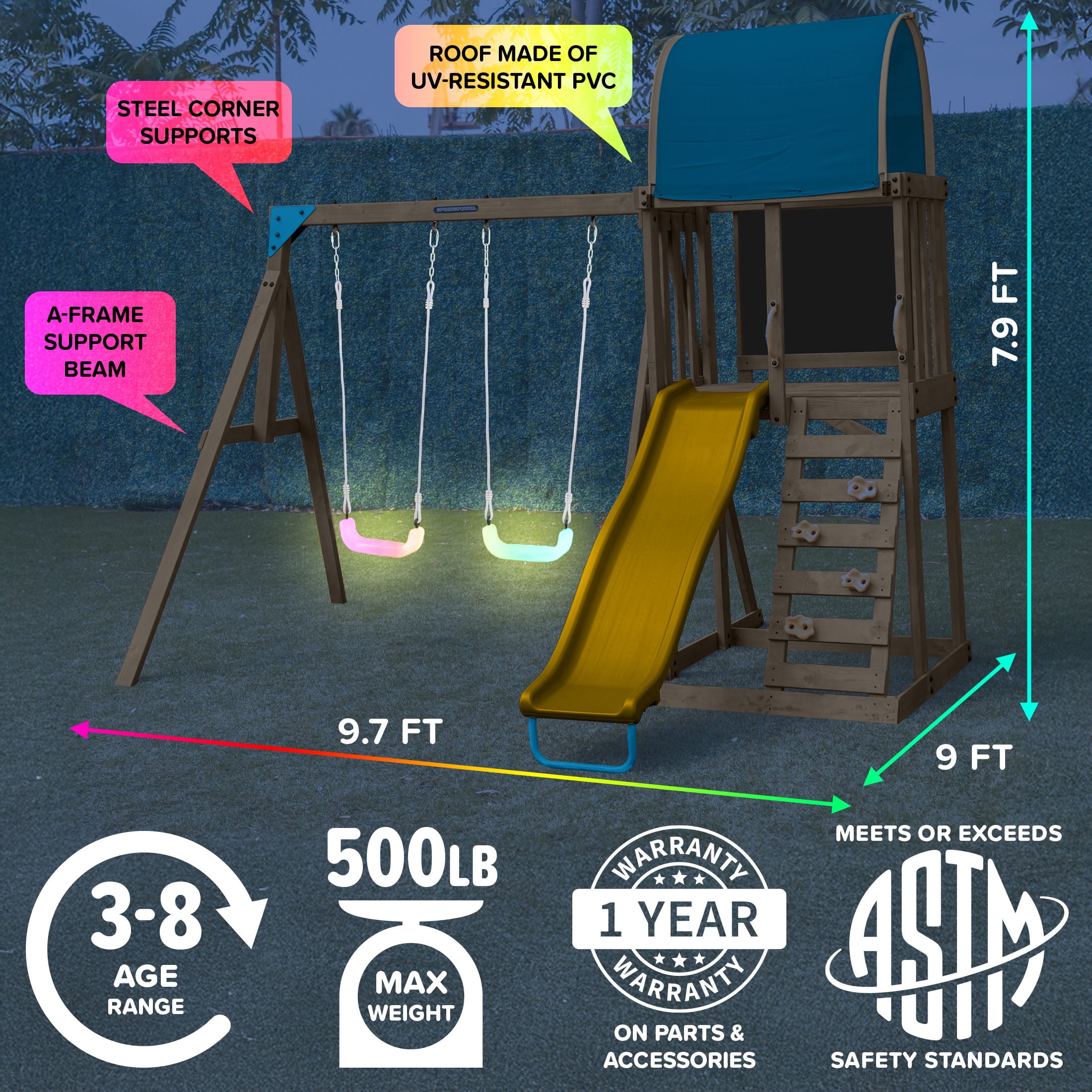 Sportspower Addison Twinkle Wooden Swing Set with LED Swings, Rock Wall, and Slide (Blue, 1 Set) 51f3i