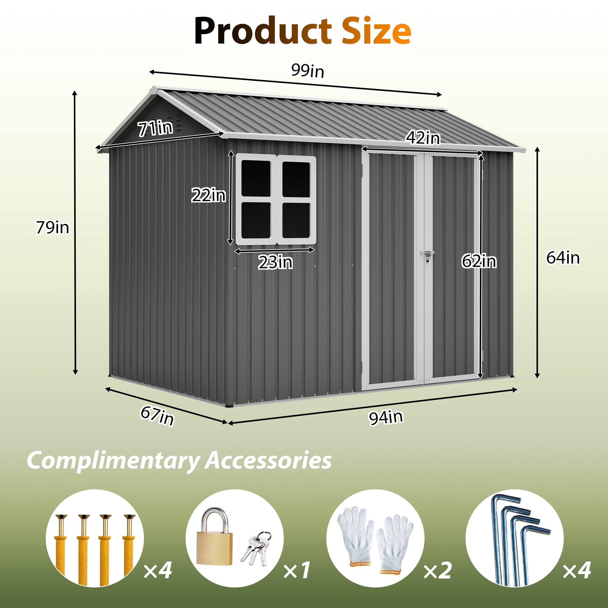 Roninkier Large Galvanized Steel Storage Shed with Lockable Double Doors and Window (Dark Gray, 8x6 ft) 6k2hq