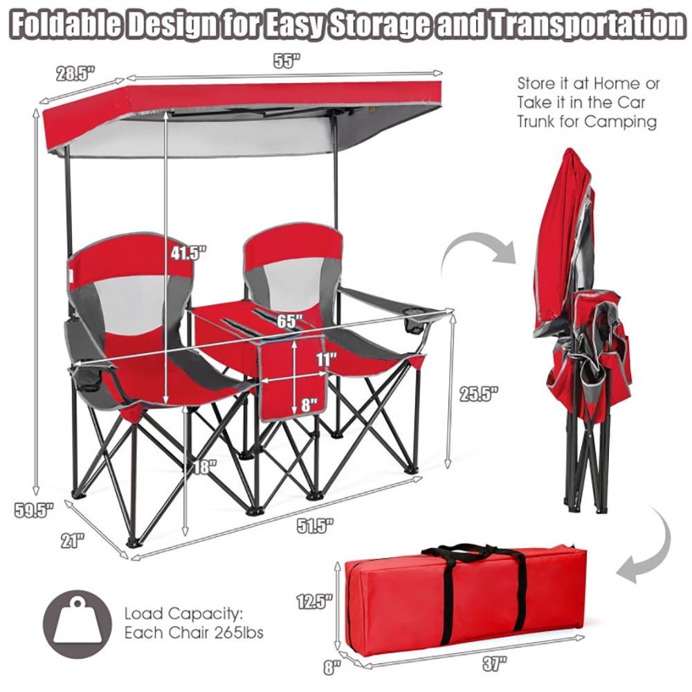 Kadyn Portable Folding Camping Canopy Chair with Cooler Bag and Cup Holders (Red, 265 lb Capacity) 3l5zz