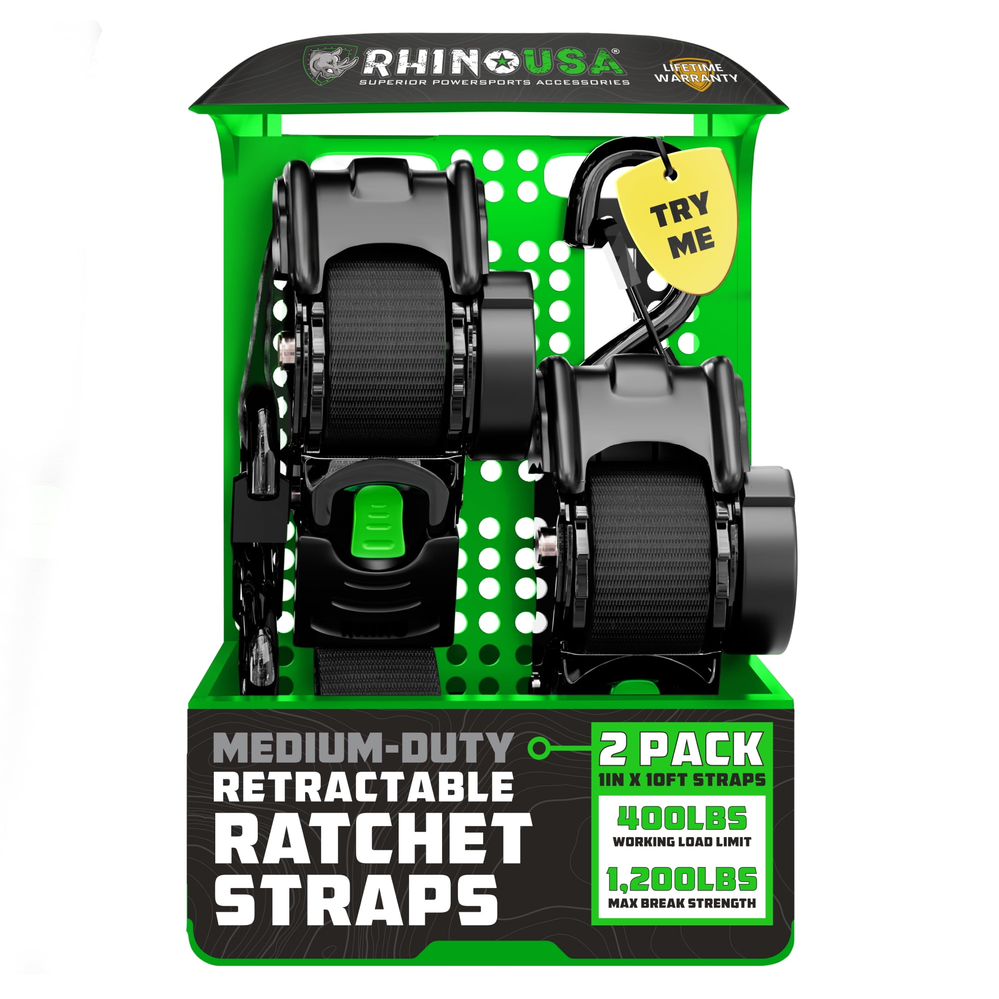 Rhino USA Retractable Ratchet Straps, Heavy-Duty Cargo Tie Downs with S-Hooks (Black, 2 Pack, 1 in x 10 ft) ekr0w