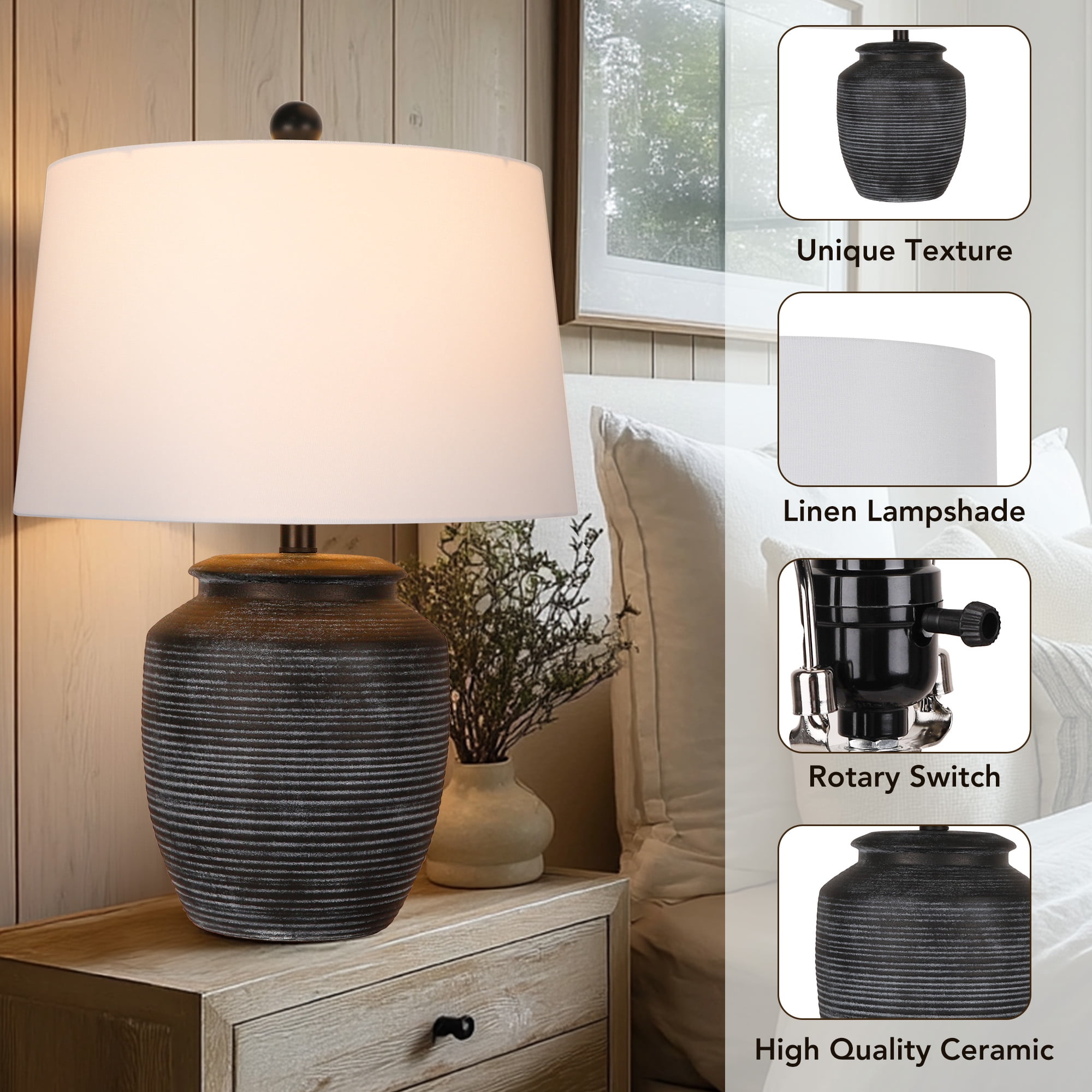 SparkGlowy Rustic Ceramic Pot Table Lamp for Bedroom and Living Room (Black, 28 in) vwn43