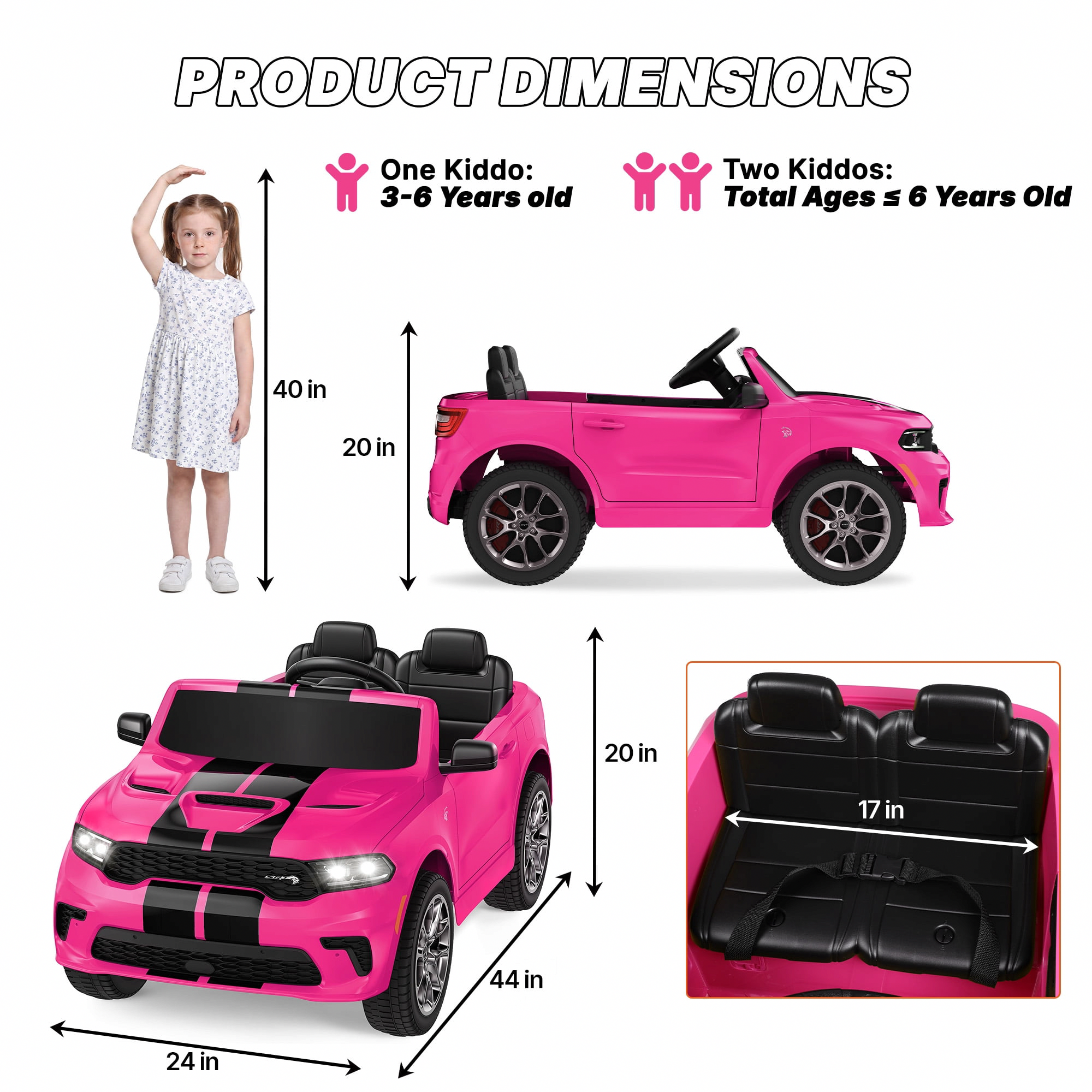 Wisairt Dodge Durango Kids Electric Ride-On Car, 12V Licensed Motorized SUV with Parent Remote Control, LED Lights & Music (Pink, 17 in Seat) i9tmh