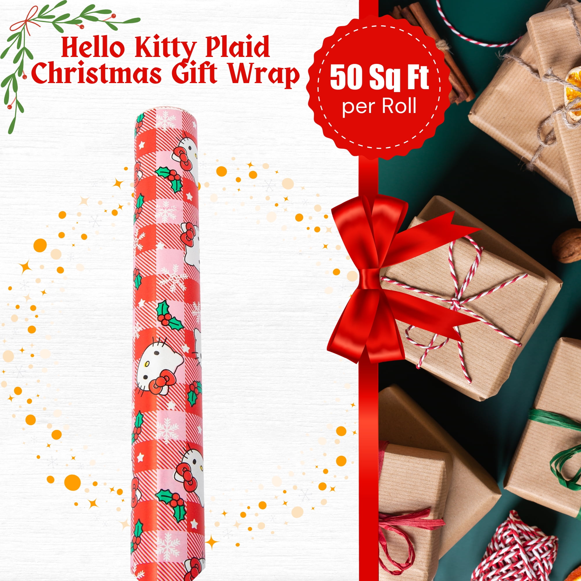 Greenbrier International Hello Kitty Christmas Wrapping Paper, Festive Red Plaid Gift Wrap for Holidays and Birthdays (50 sq ft) mwlfx
