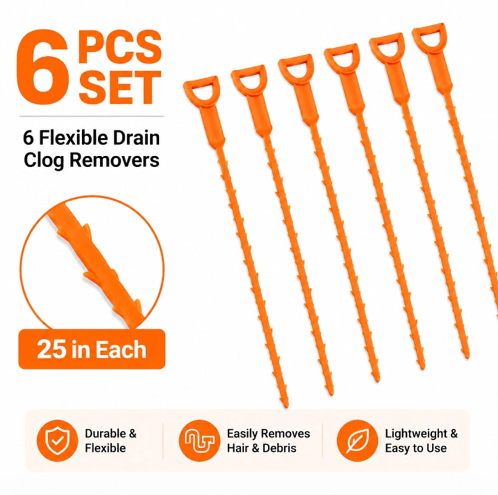 TIKA Drain Cleaning Tool Set, Flexible Snake Clog Remover for Bathroom Sink and Shower (6 Pack, 25 in) 86163