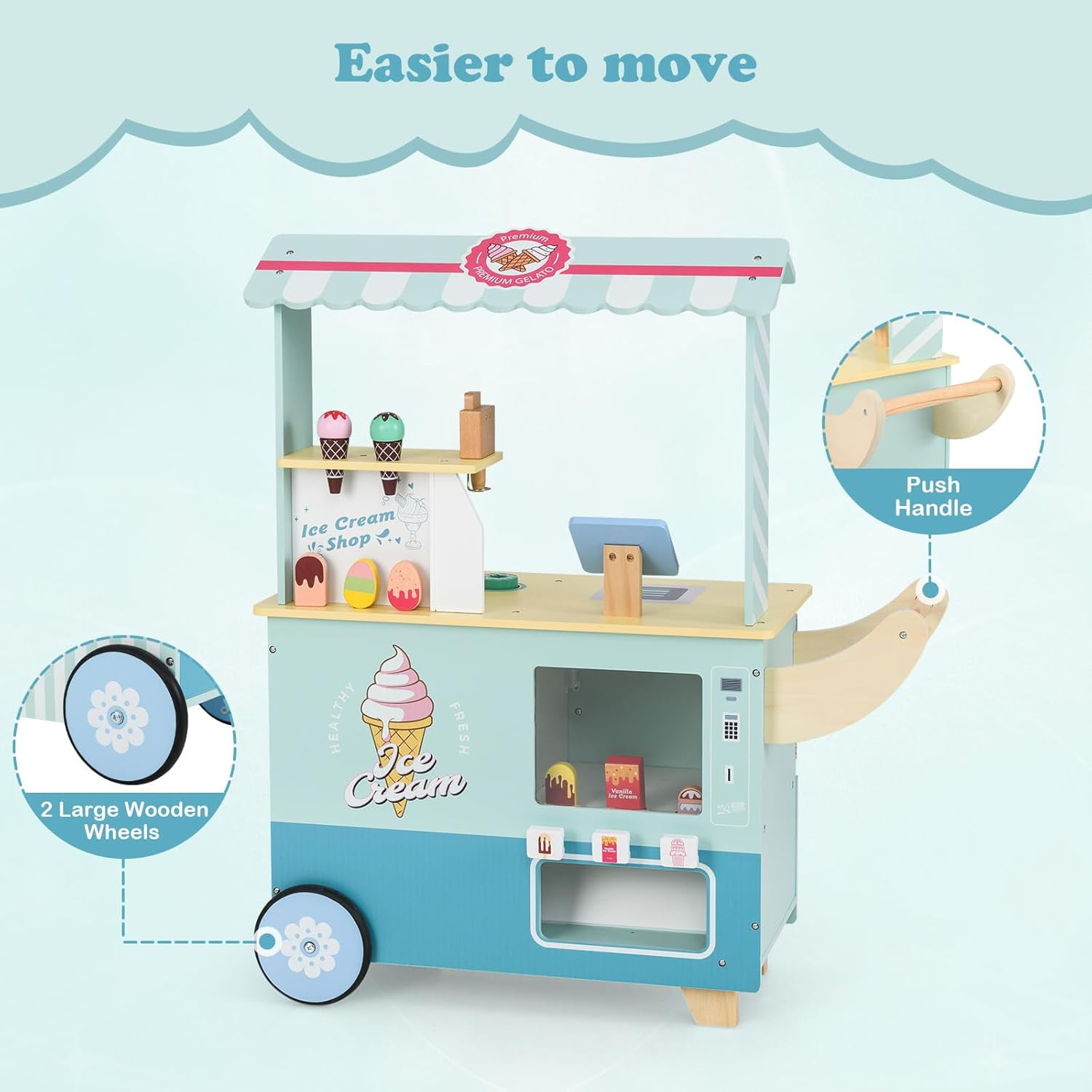 Olakids Wooden Grocery Store Marketplace Toy, Pretend Play Market Stand with Cash Register and 30 Accessories (Green, 35 in x 24 in x 45 in) f68wx
