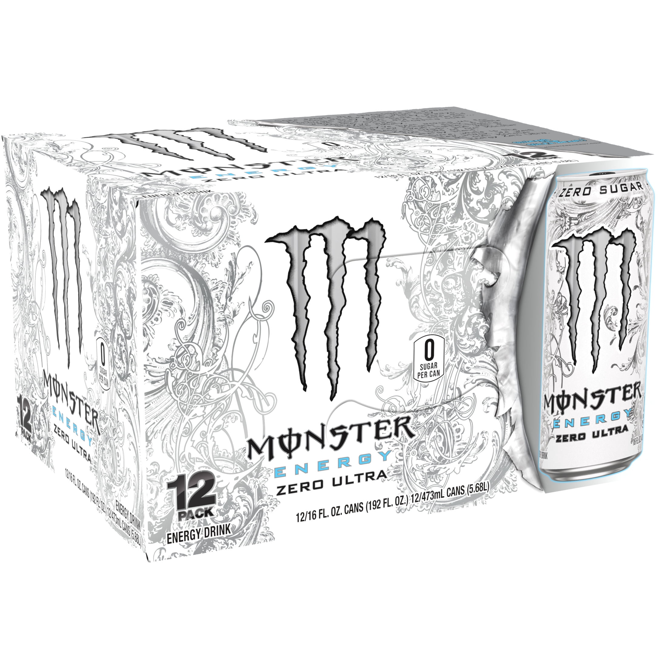 Monster Energy Zero Ultra Sugar Free Energy Drink (White, 12 Pack - 16 fl oz) 0ytac
