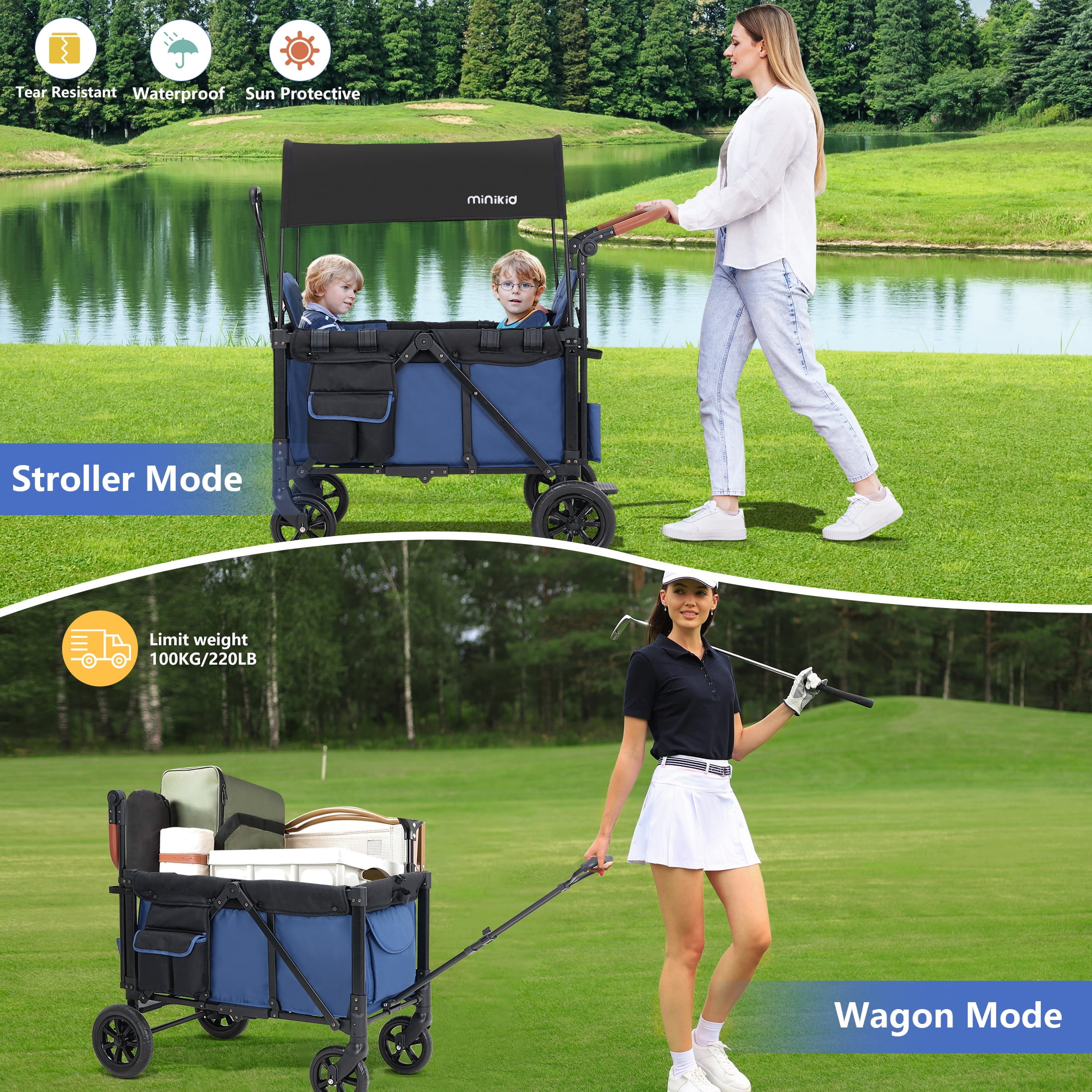 Minikid 2-Seater Wagon Stroller with Canopy and 5-Point Harness (Blue, 38 lb) jnqvp