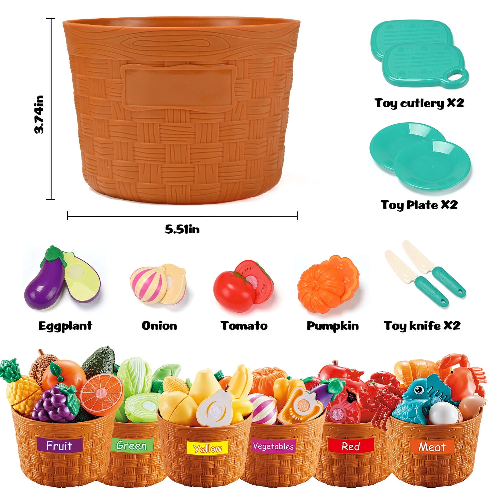IYHN Pretend Play Food Set for Toddlers, Educational Kitchen Cutting Toys with Sorting Baskets (Multicolor, 86 Piece Set) z38oo