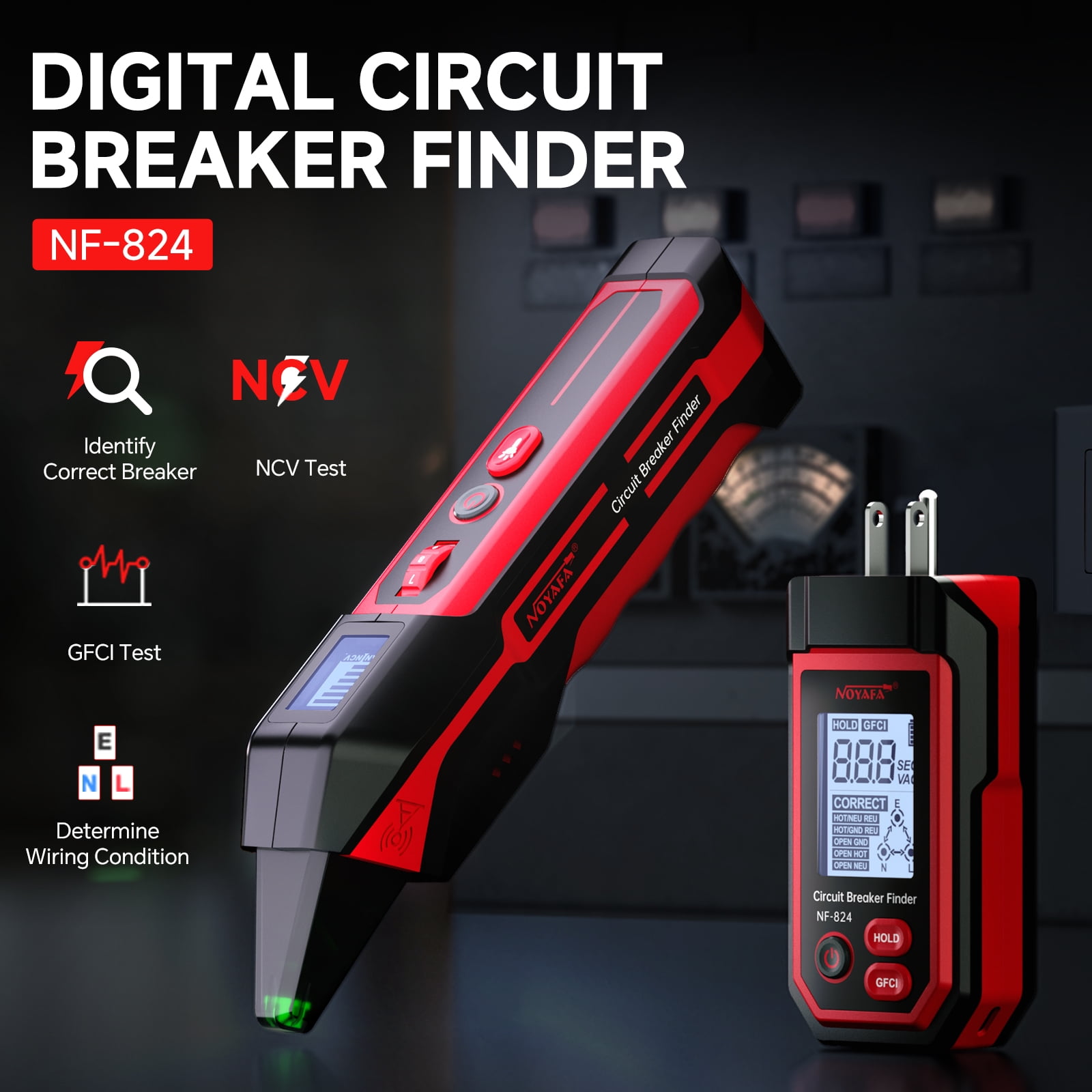 NOYAFA NF-824 Circuit Breaker Finder and GFCI Outlet Tester (Red, 1 Kit) y8olu