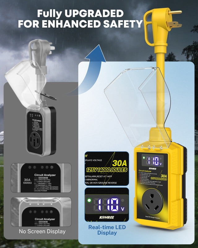 Kohree 30 Amp RV Surge Protector (14000 Joules, Waterproof Voltage Guard with LED Display, Yellow, 1 Pack) dyfs8