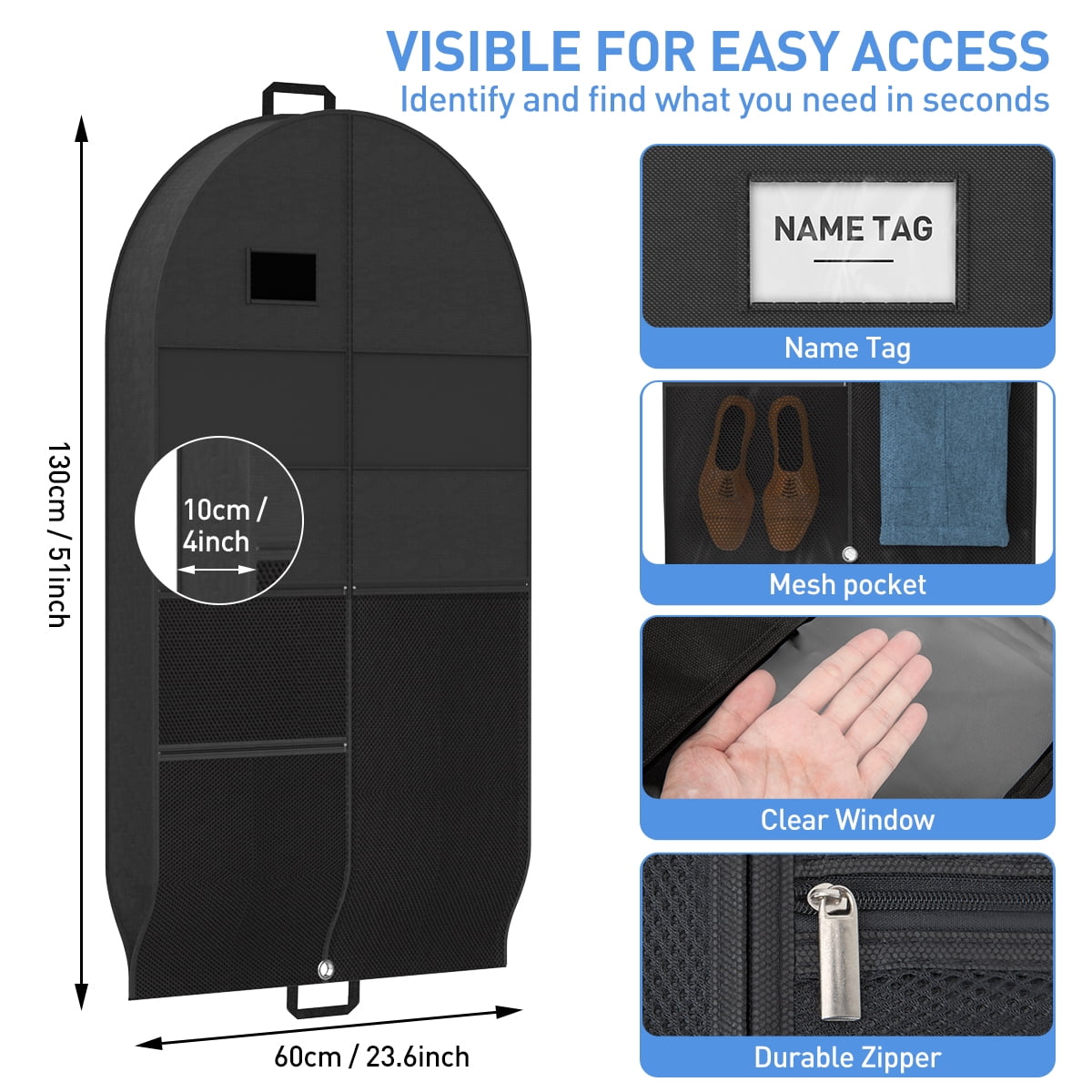 DAKOMM Garment Bag for Travel, Hanging Suit Cover with Pockets, Foldable Water-Resistant Storage for Suits and Dresses (Black, 51 in, 3 Pack) 7jqly