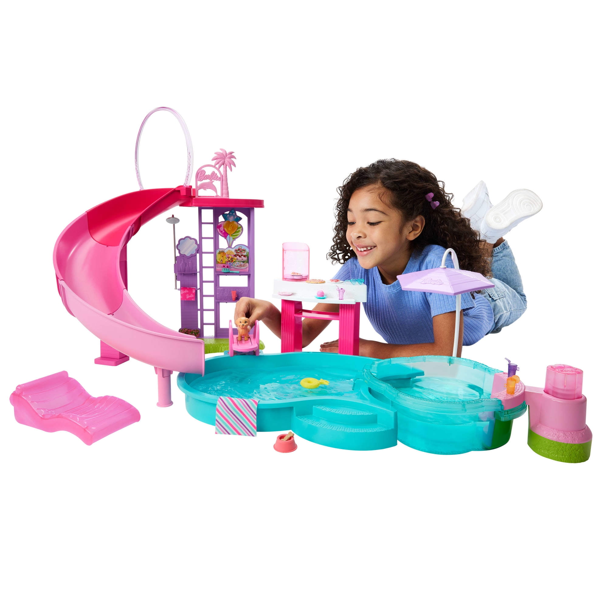 Barbie Dream Pool Playset with Slide and Bubbling Hot Tub (20+ Accessories, 1 Set) ji61y