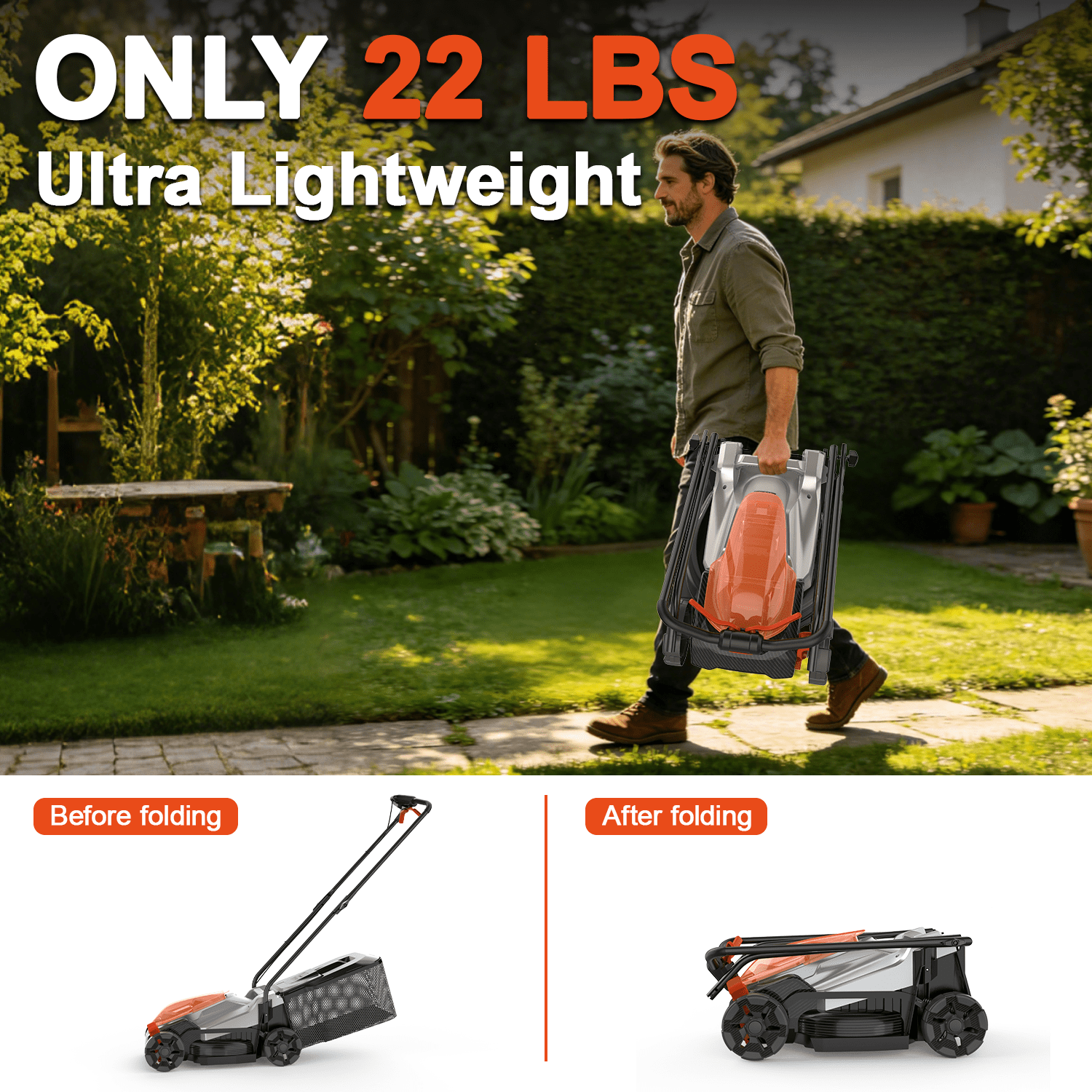FLOYANT 14in Electric Lawn Mower, Cordless Walk-Behind Push Mower with 5-Position Height Adjustment (Black, 14 in) k1yjy