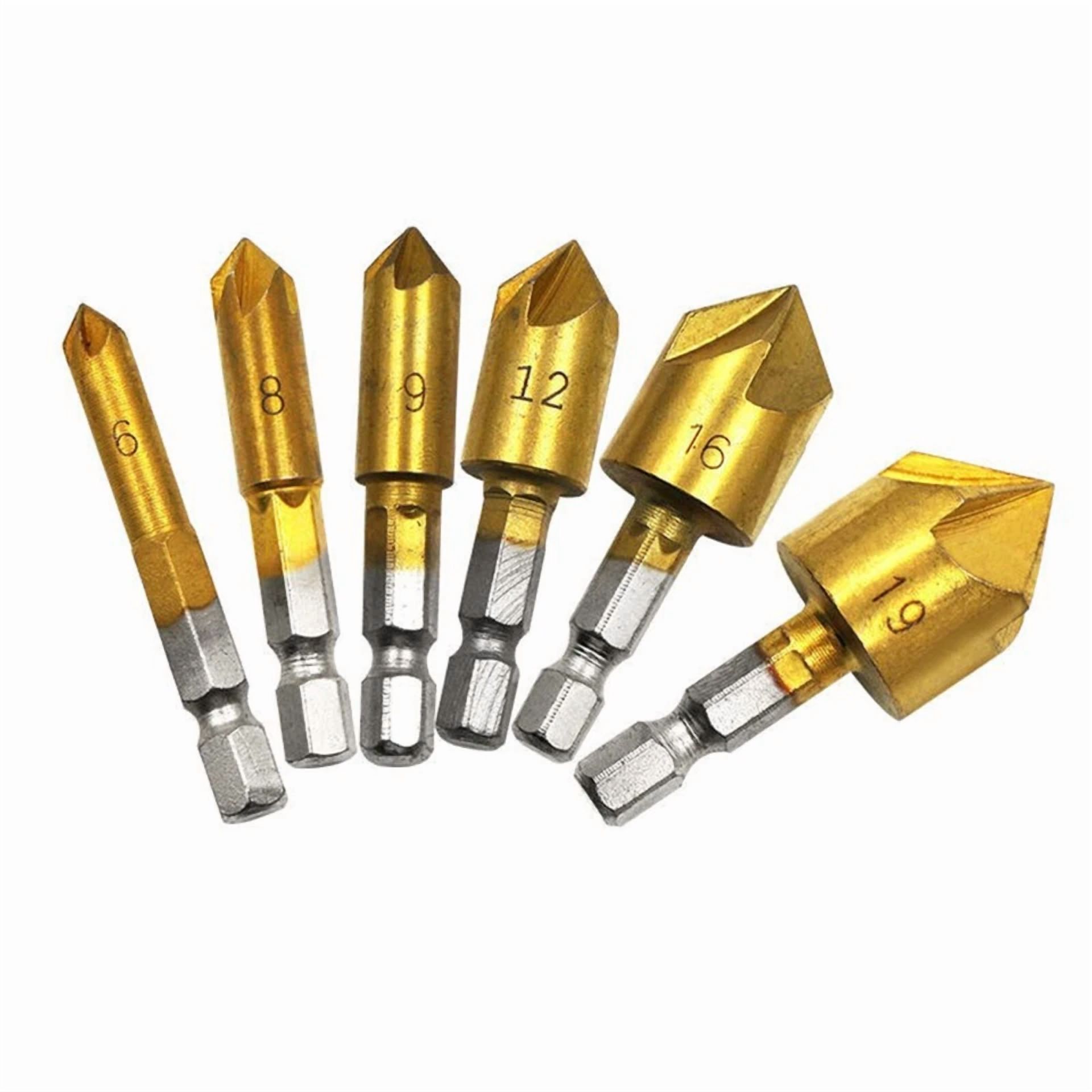 KLYNE 6-Piece Countersink Drill Bit Set, 5-Flute 90-Degree Chamfer Cutter for Wood and Metal (6mm to 19mm) rr9jv