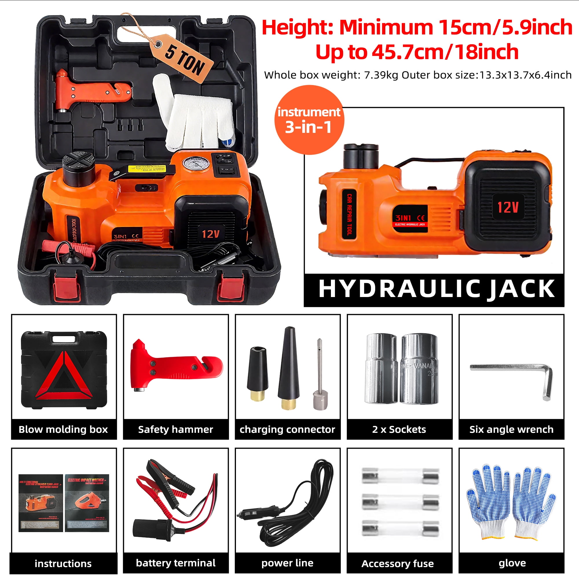 SZTAA Electric Hydraulic Car Jack with Air Compressor and Emergency Hammer (Orange, 5 Ton Capacity) 0wnmf