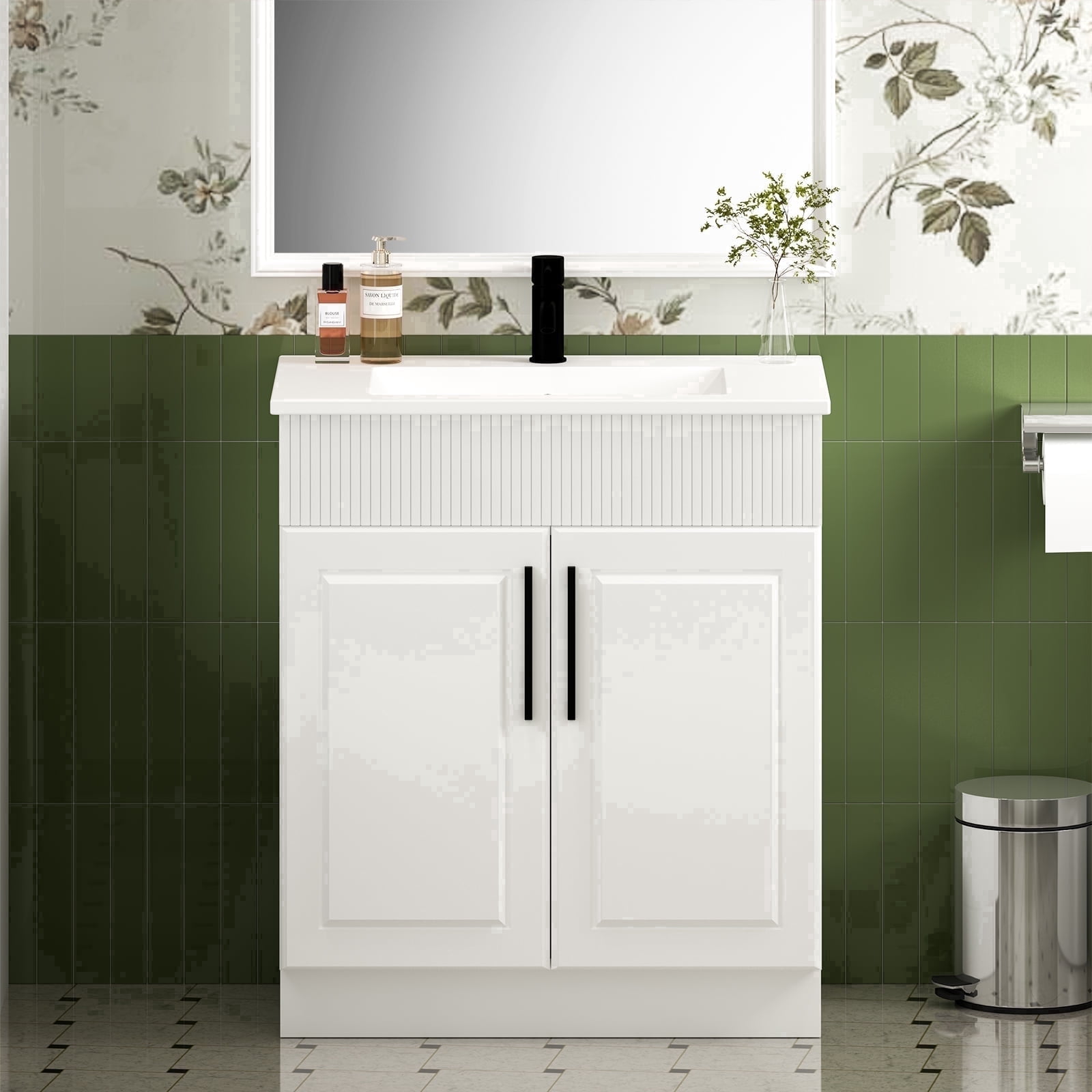 DodreHome 30 in Bathroom Vanity with Sink, Freestanding Modern Cabinet with 2 Soft-Closing Doors, Wave-Pattern Fluted Design (White) v4us6