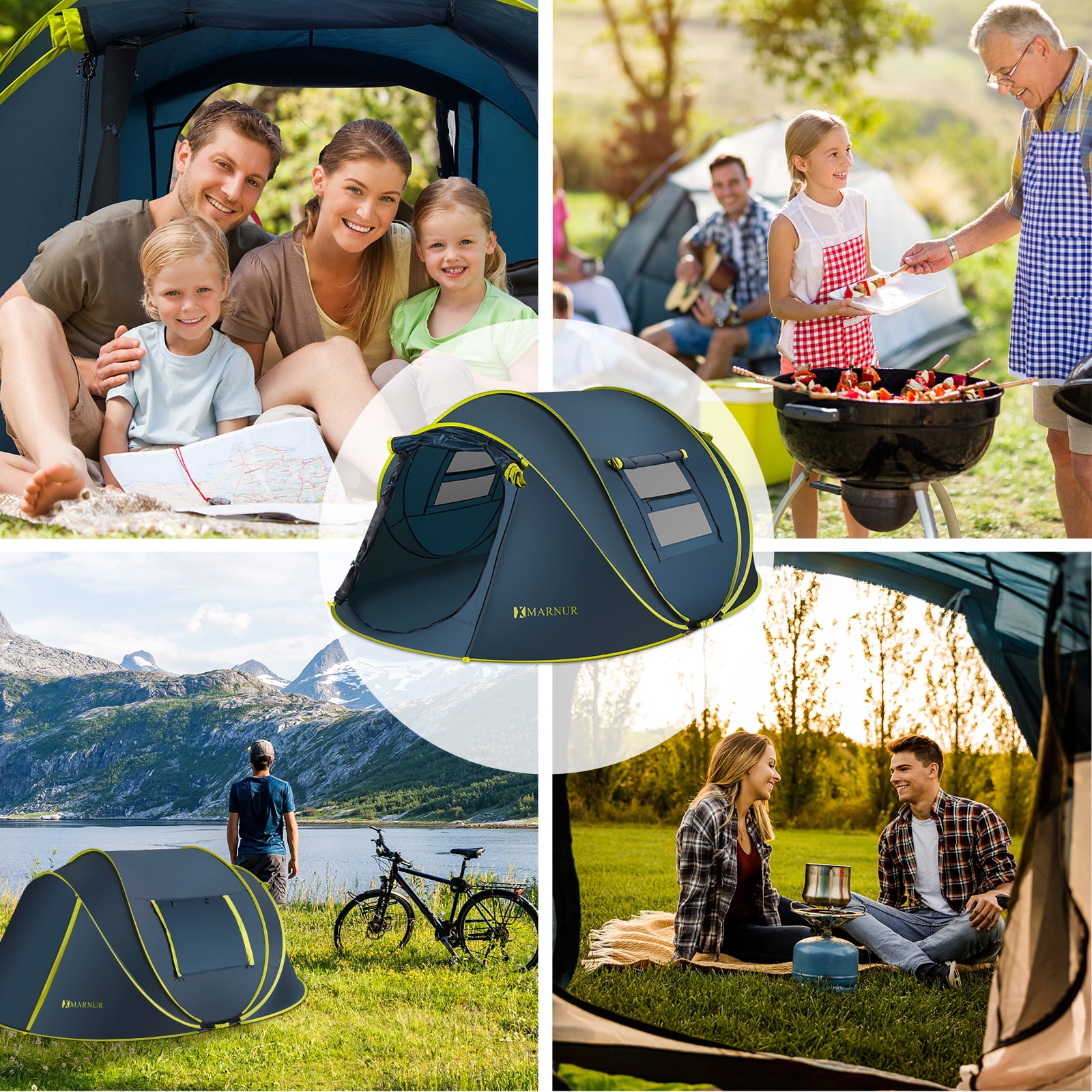 MARNUR 4-Person Instant Pop Up Camping Tent, Auto Setup Outdoor Shelter with Mesh Windows (Dark Blue, 110.2 in x 78.7 in) 722cl