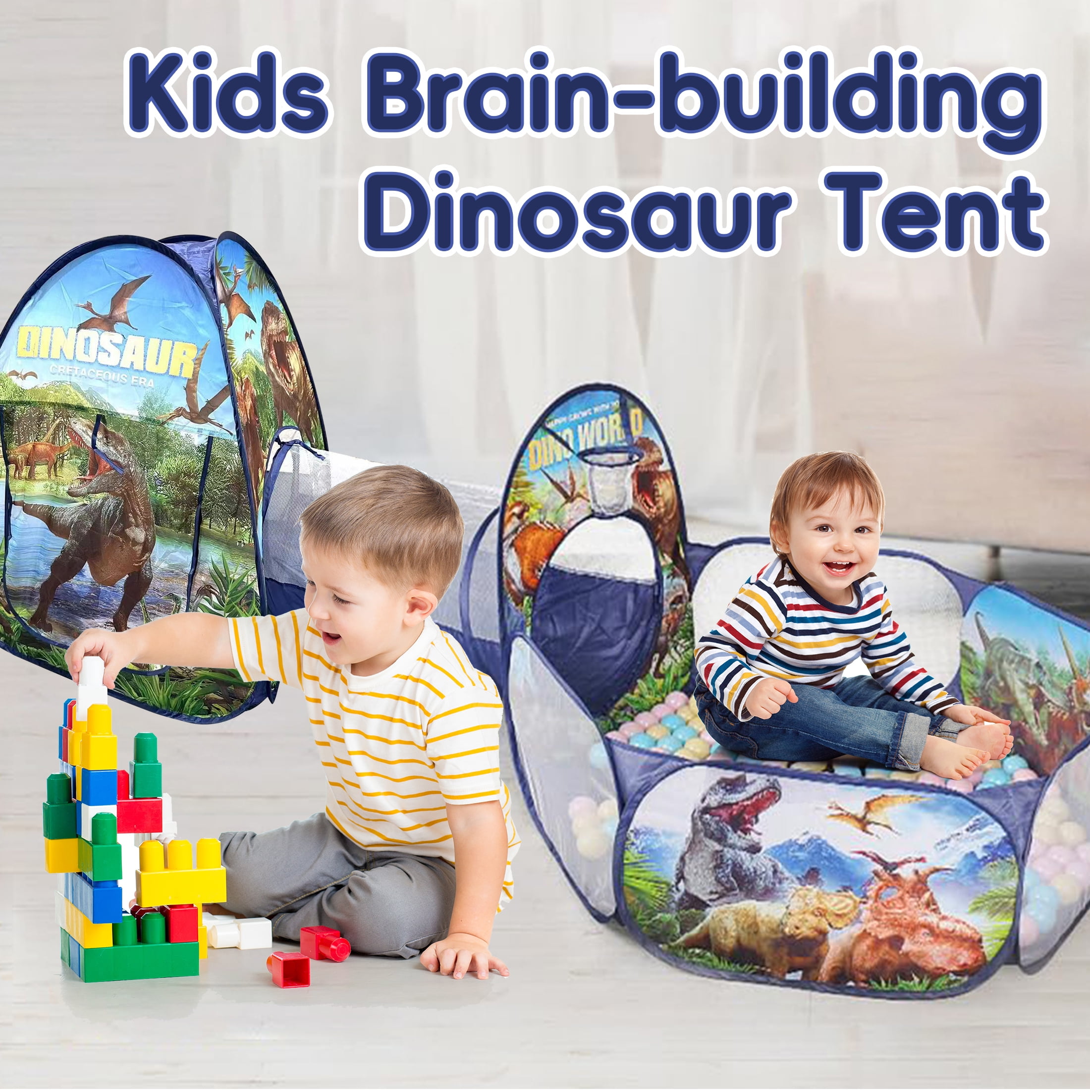 KOPPOP 3-in-1 Dinosaur Play Tent Set with Tunnel and Ball Pit for Indoor and Outdoor Use (Blue) viezn