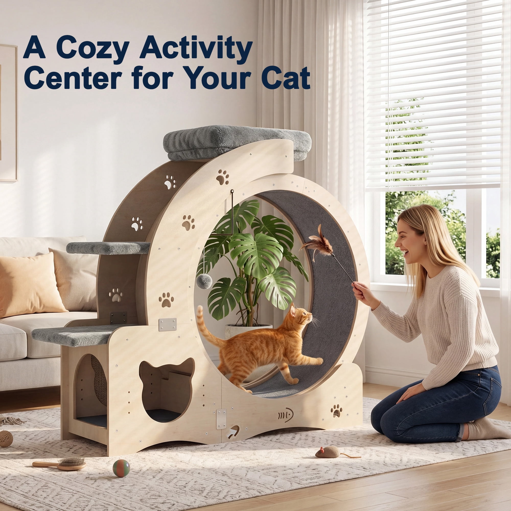 FOOWIN Cat Exercise Wheel, All-in-One Indoor Cat Activity Center with Condo, Scratching Post, and Feeding Bowls (Yellow, 40 in) bf0vp