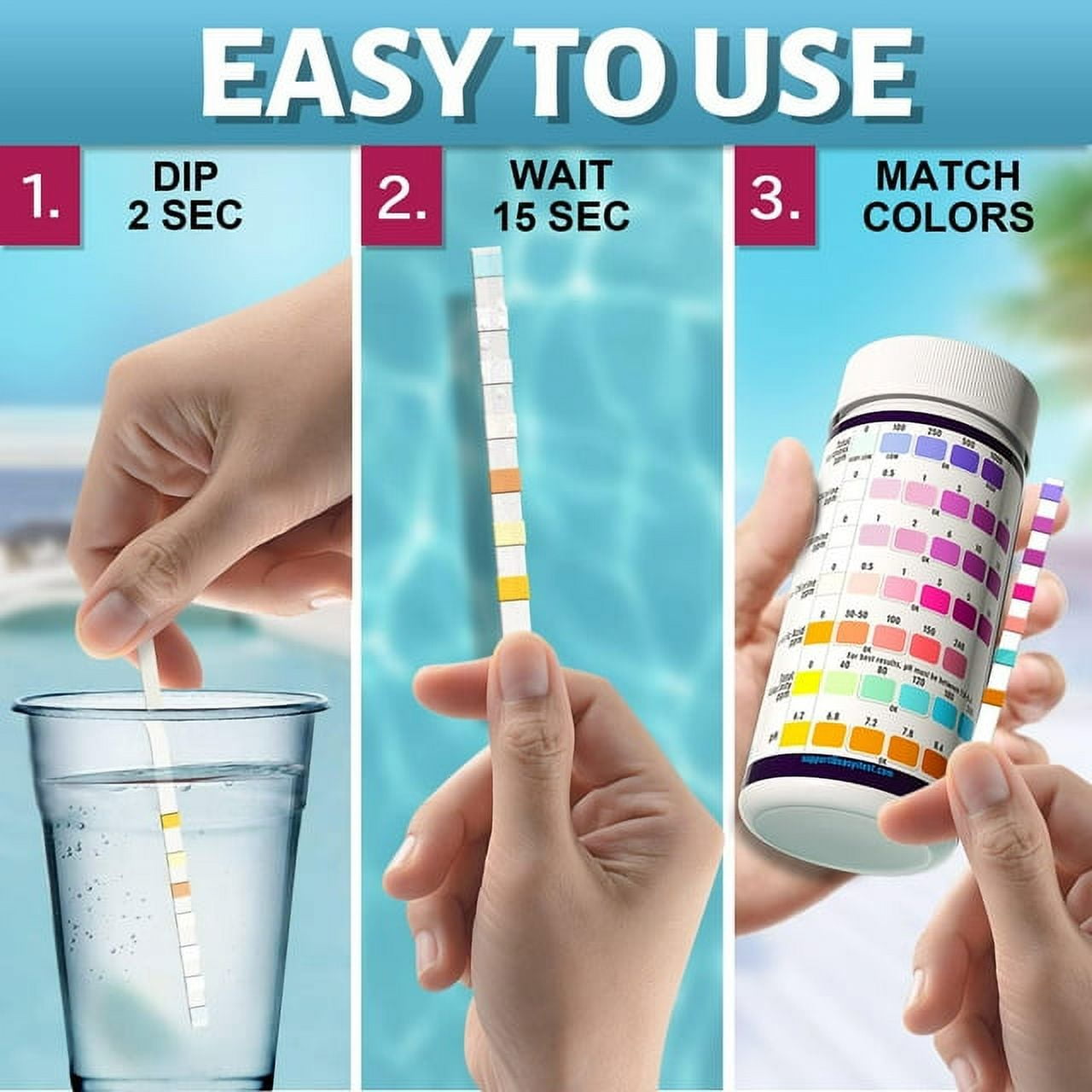 EASYTEST 7-Way Pool & Spa Water Test Strips (300 Count, Multi-Parameter Chemical Testing Kit) 6ij70