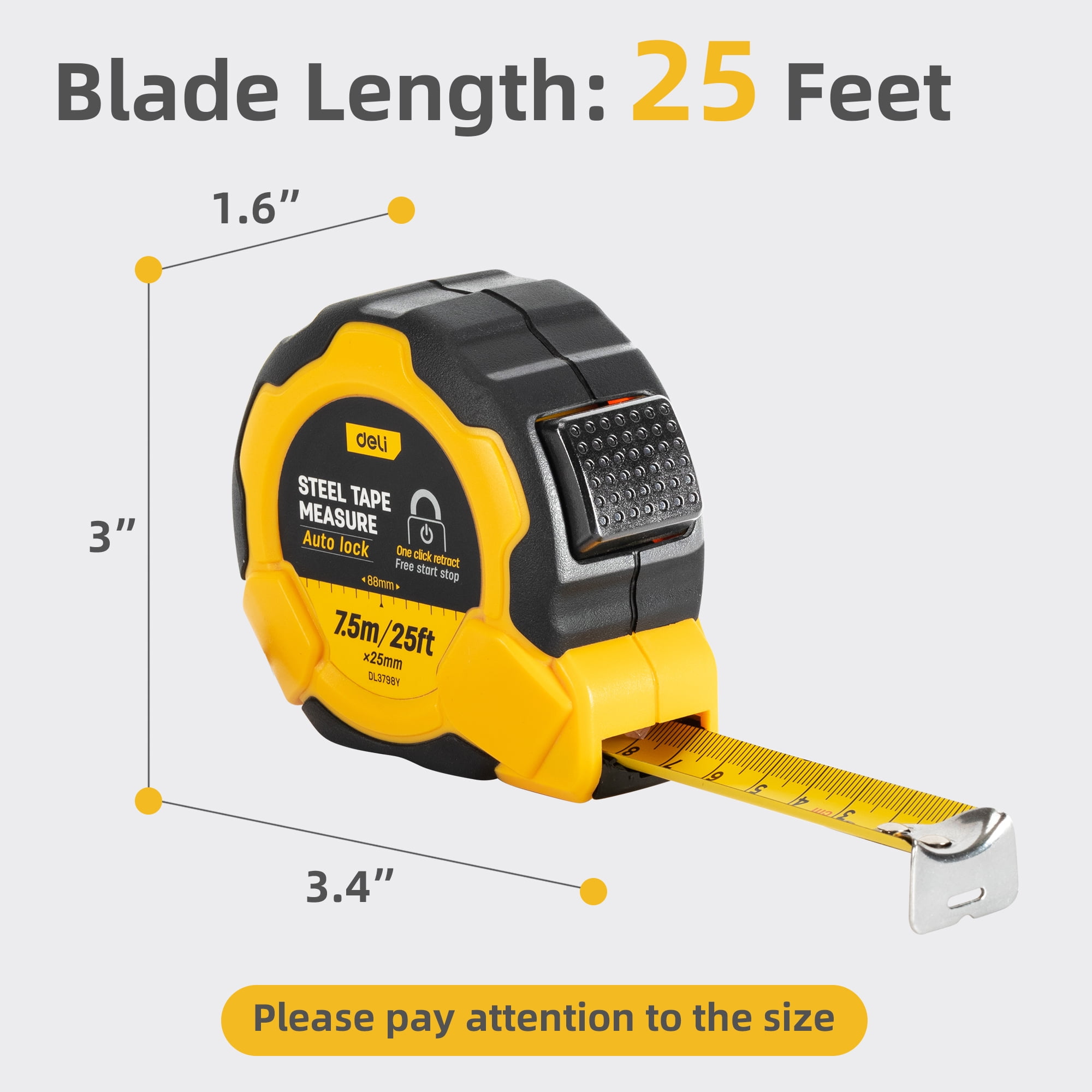 Deli Auto-Lock Steel Tape Measure, Heavy-Duty Retractable Measuring Tool with Rubberized Grip (Yellow, 25 ft) yani5