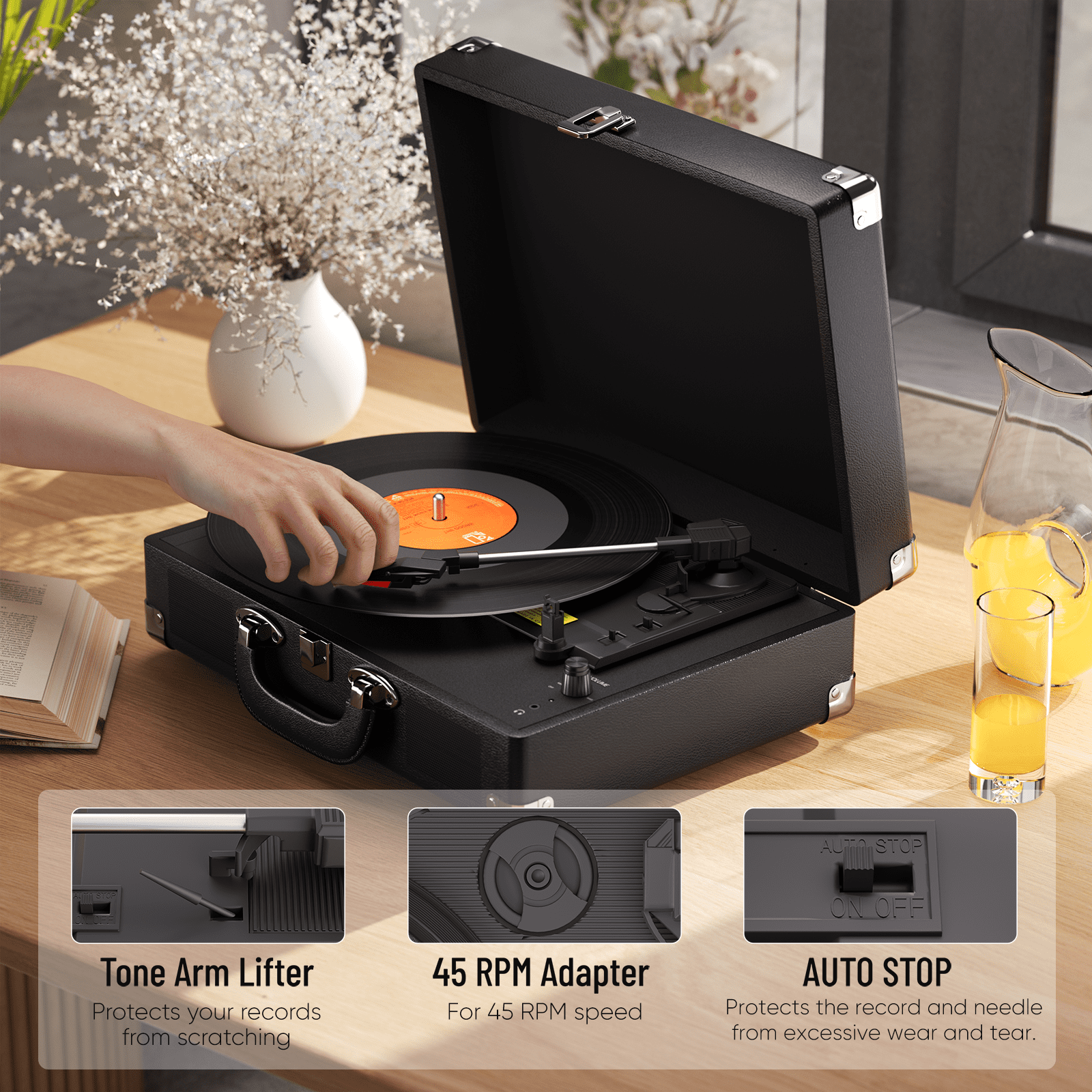 MAIO C200 Vintage Vinyl Record Player, 3-Speed Belt-Driven Turntable with Built-in Stereo Speakers (Black) gxvwc