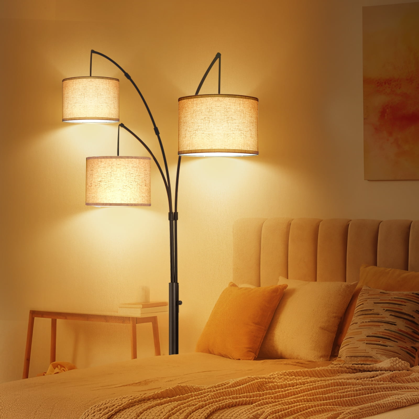 Outon 3-Light Arc Floor Lamp, Modern Standing Lamp with Linen Shades, Adjustable Multi-Directional Lighting for Living Room and Bedroom (Black, 80 in) h8x18