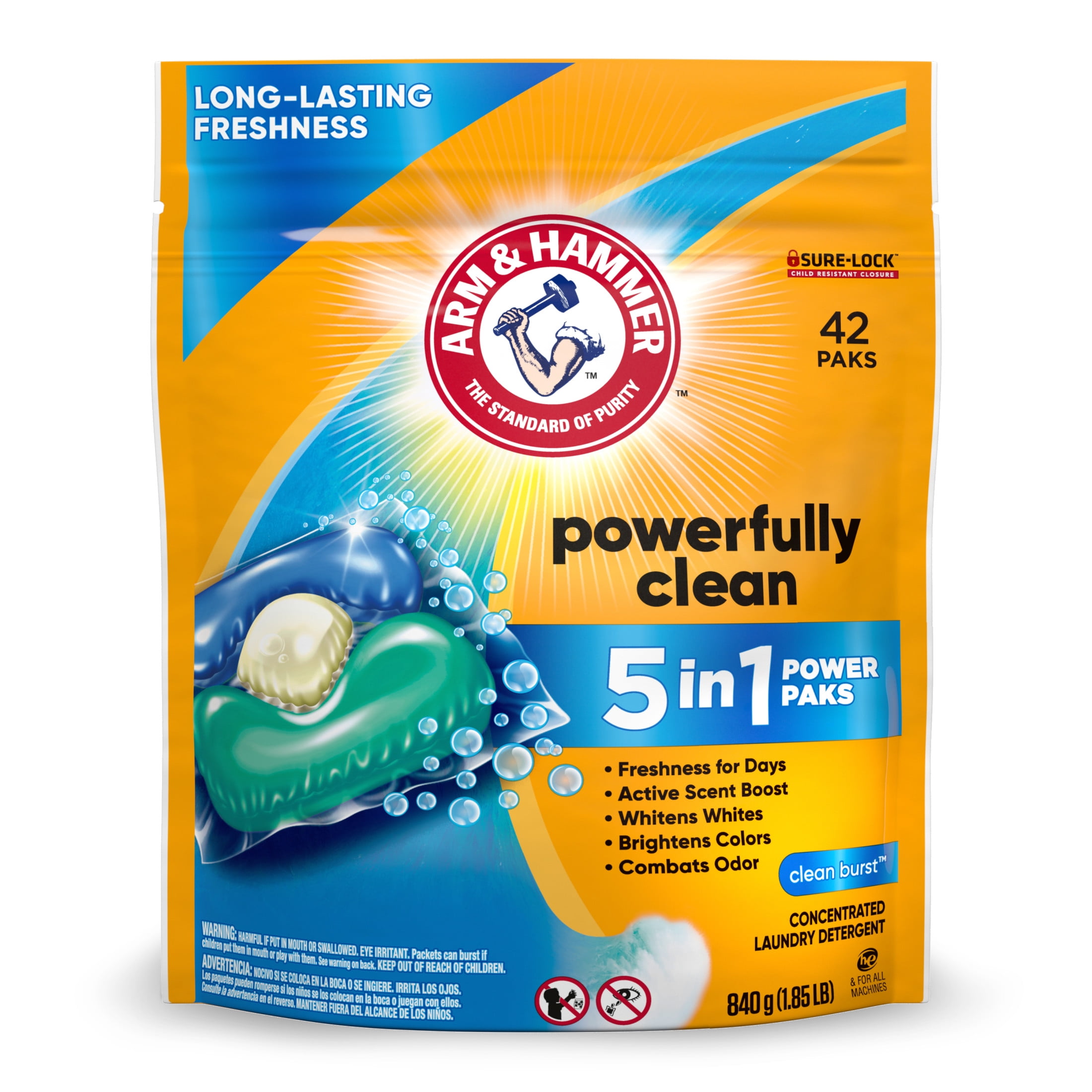 ARM & HAMMER Clean Burst 5-in-1 Laundry Detergent Power Paks (Clean Burst Scent, 42 Count) 0gsjy