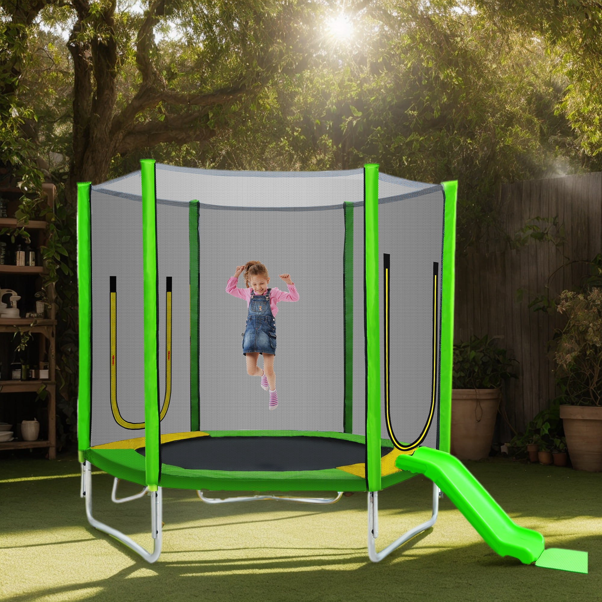 CASEMIOL 7ft Kids Trampoline with Safety Enclosure Net, Slide, and Ladder (Green, 7ft) xeexk