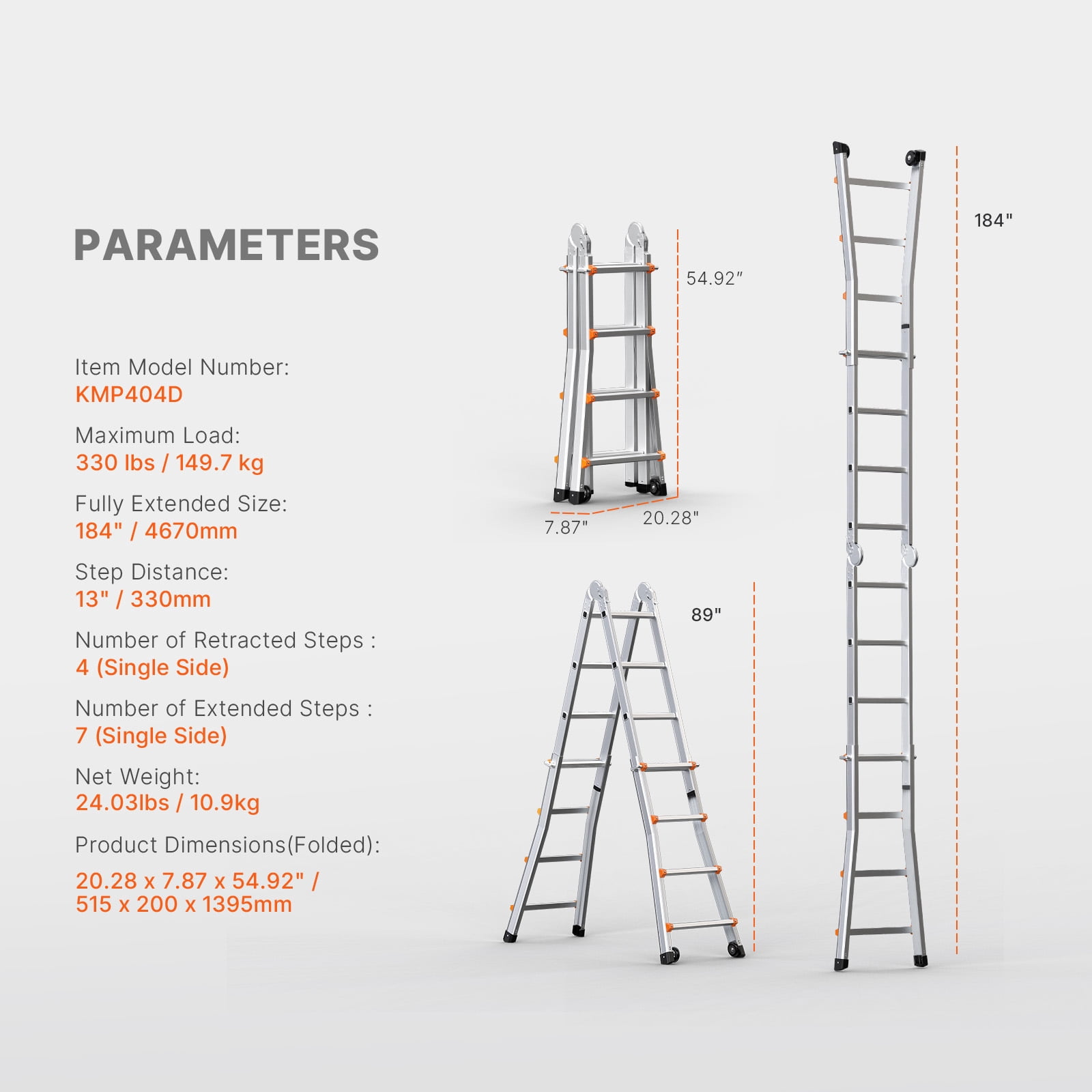 KFFKFF A-Frame Telescopic Extension Ladder, Multi-Purpose Aluminum Foldable Ladder for Home and RV (Silver, 15 ft) 2lz24