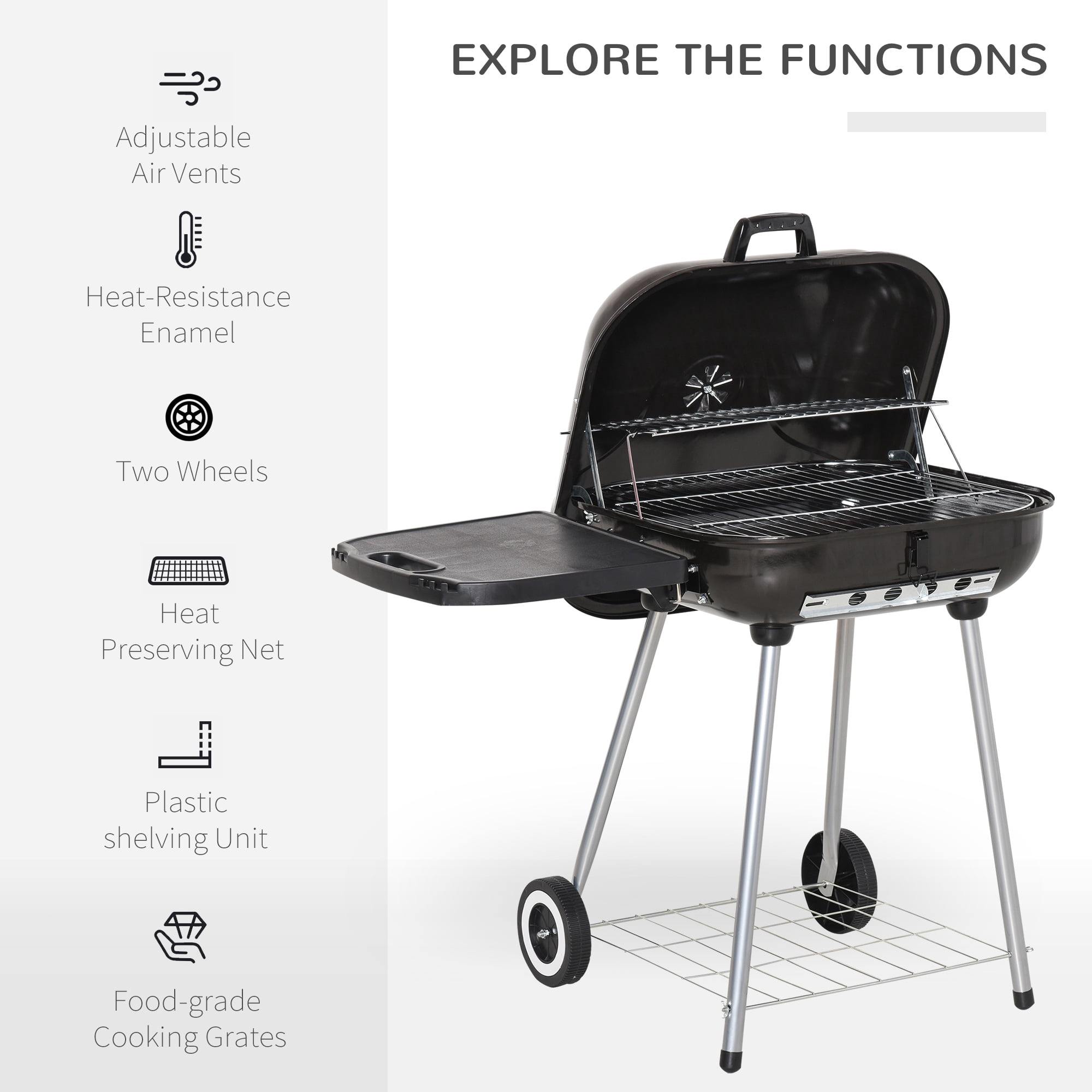 TopComfy Portable Charcoal Grill with Lockable Lid and Folding Shelf (Black, 22 in) yllid