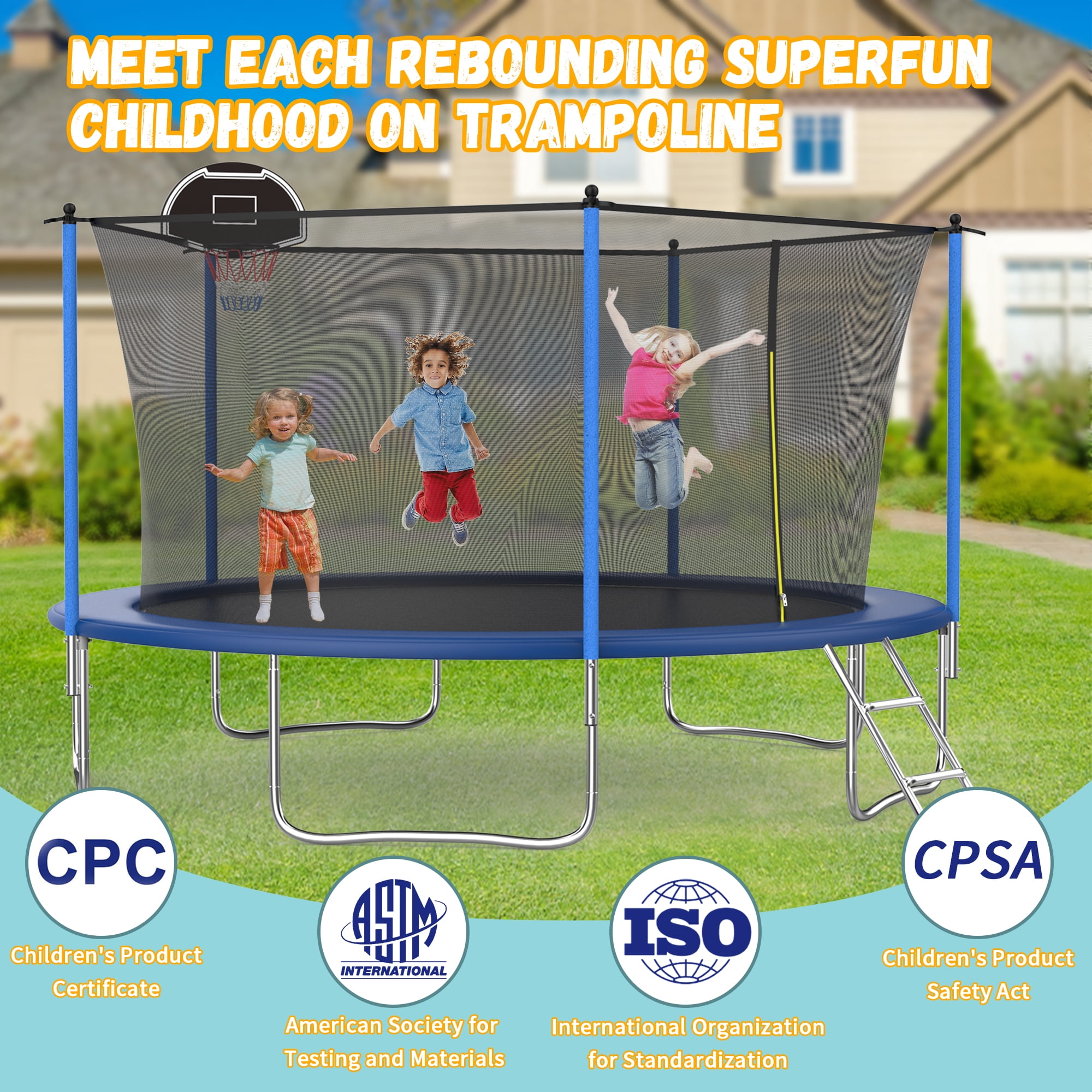 Shengchao Trade 14 ft Recreational Trampoline with Safety Enclosure and Ladder (Blue, 1600 lb Capacity) nyjsg