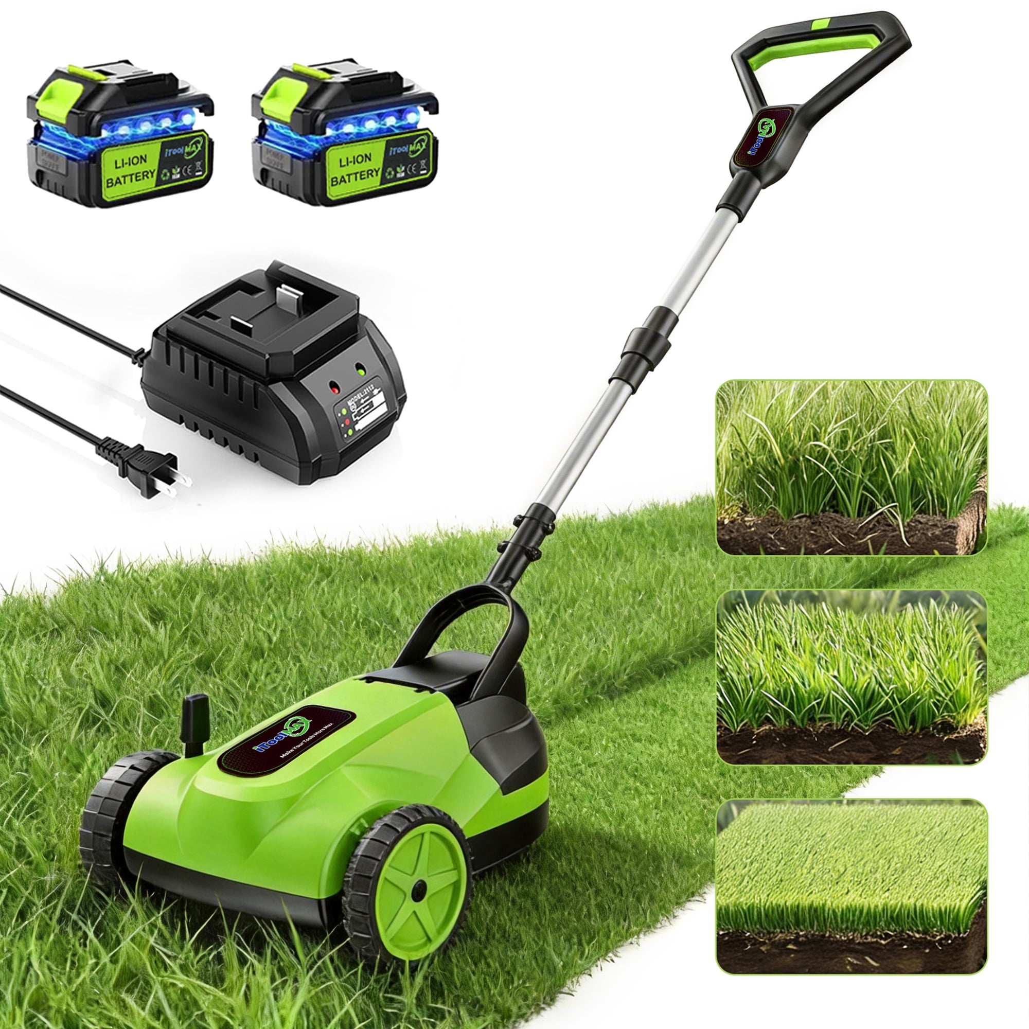 iToolMax Cordless Electric Lawn Mower, Lightweight Push Mower with 3-Position Cutting Height and Auto Shut-Off Safety Sensor (Green, 9.9 lb) l4qdc
