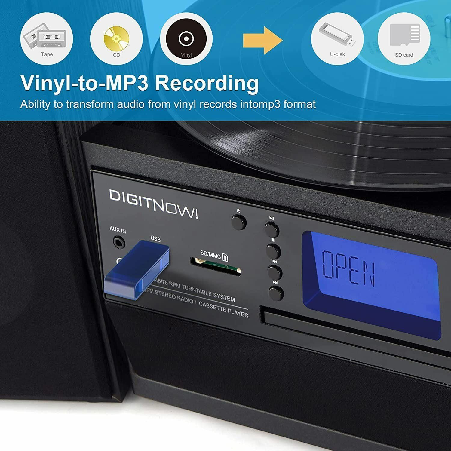 EYESEN Vintage Record Player with Bluetooth, CD Player, Cassette Deck, and AM/FM Radio (Stereo Speakers, Remote Control) bshug