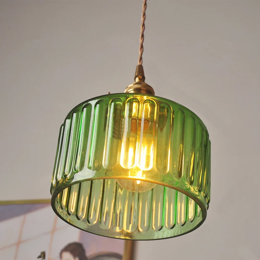 Arturesthome Vintage Glass Pendant Light, Wavy Cylinder Hanging Lamp for Kitchen Island (Green, 8 in) 4xqx1