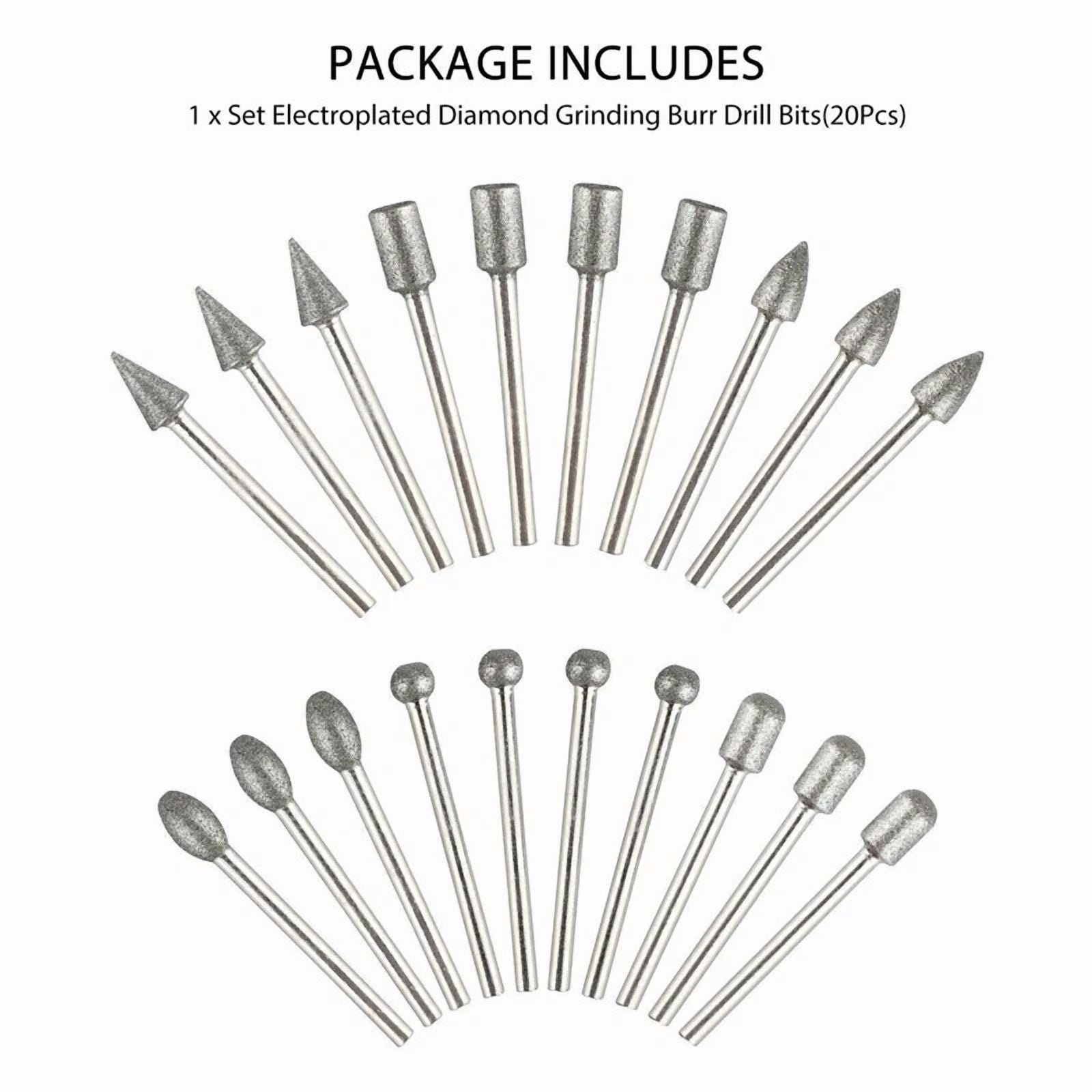 Rhea Diamond Burr Drill Bit Set for Rotary Tools (20 Pieces) 53vgc