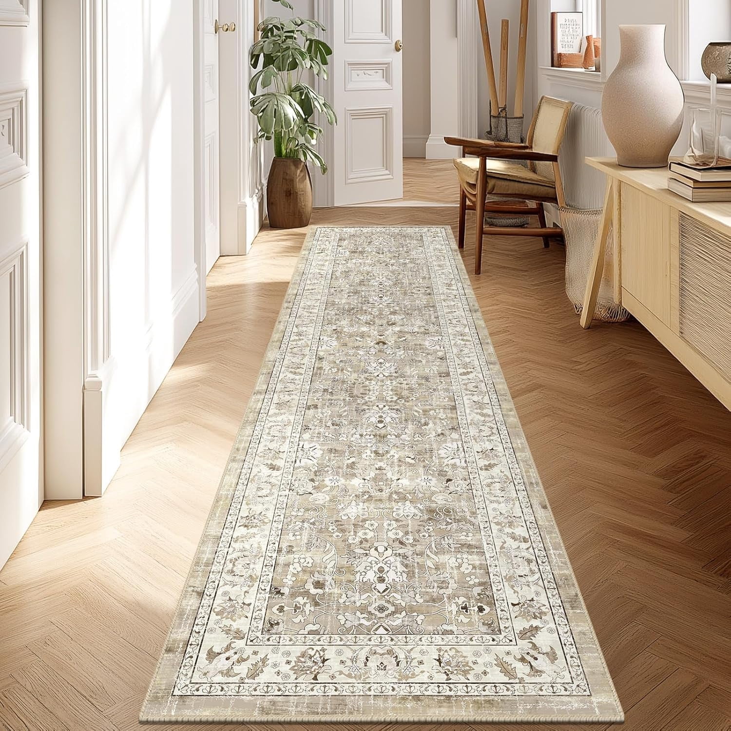 MJIAexp Boho Floral Kitchen Runner Rug, Machine Washable Non-Slip Hallway Carpet (Beige, 2 ft x 8 ft) umdat
