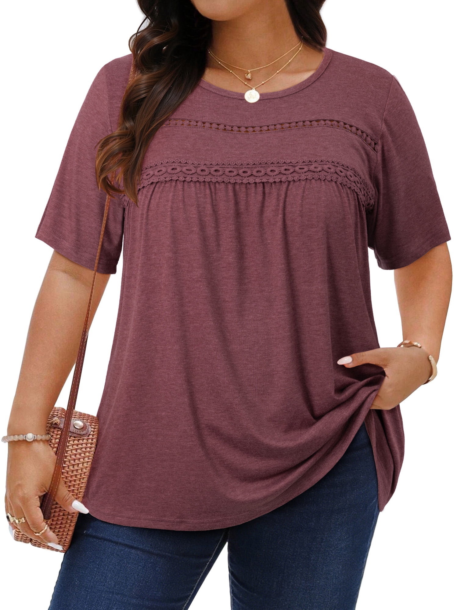 WellSize Women Plus Size Lace Tunic Blouse Casual Crew Neck Short Sleeve Summer Shirt (Brown, XXL) r1k85