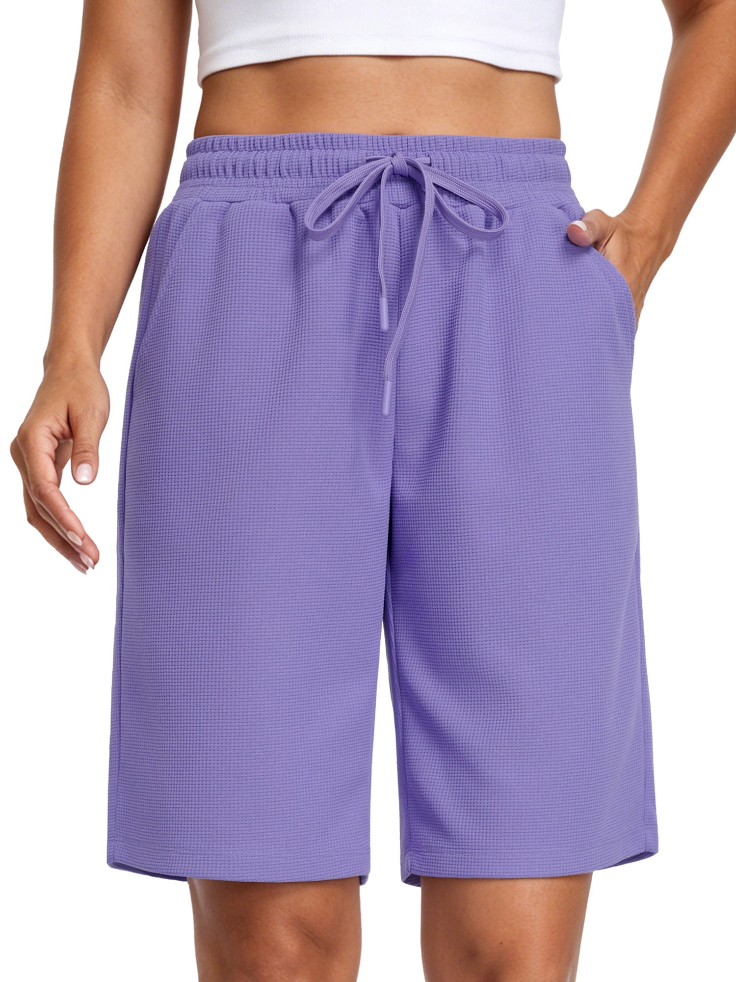 NELEUS Women's Waffle Knit Bermuda Shorts High Waisted Athletic Lounge Shorts with Pockets (Purple, Large) 7rg2r