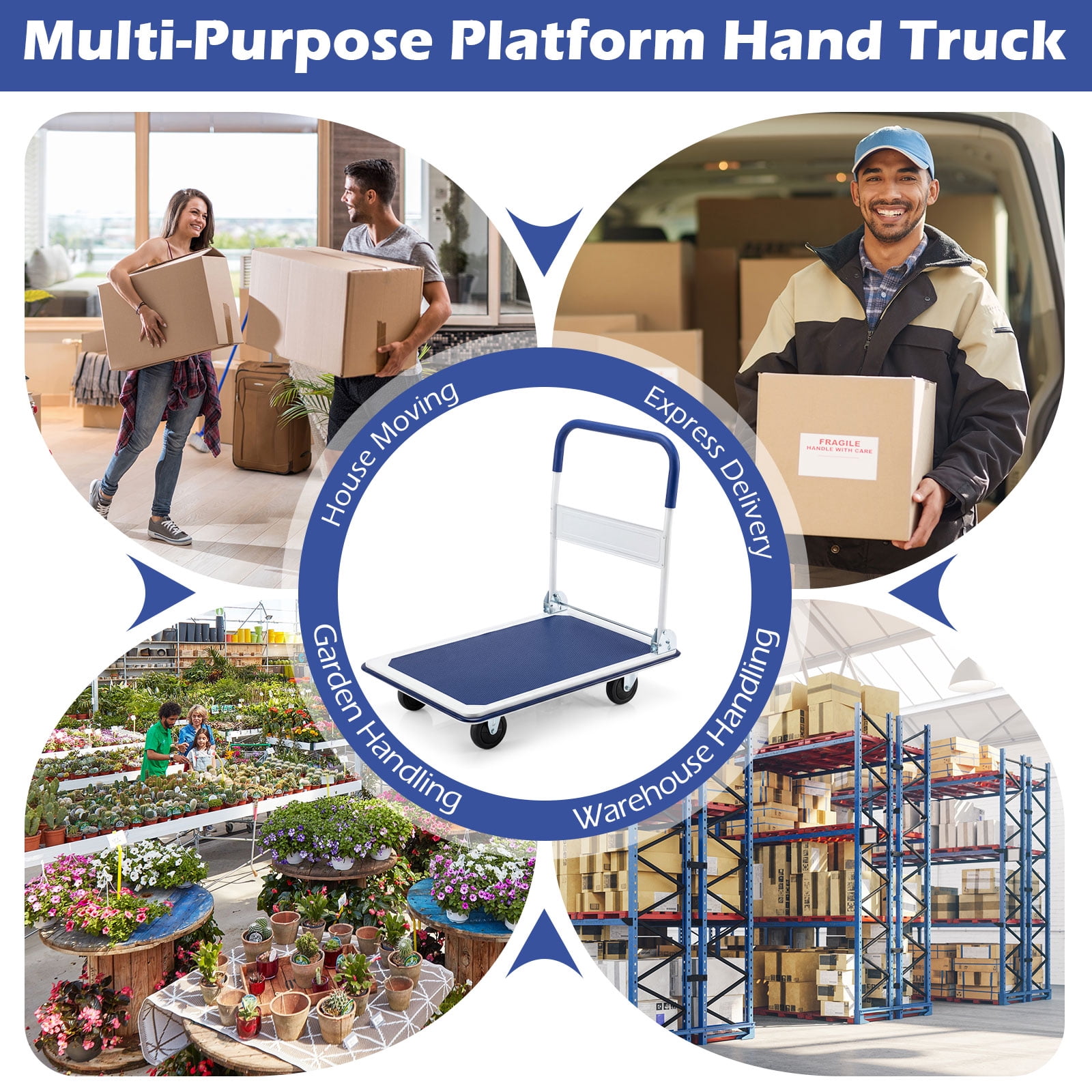 Costway Heavy-Duty Platform Cart Dolly with Folding Handle (Blue, 660 lb) 7f1bs