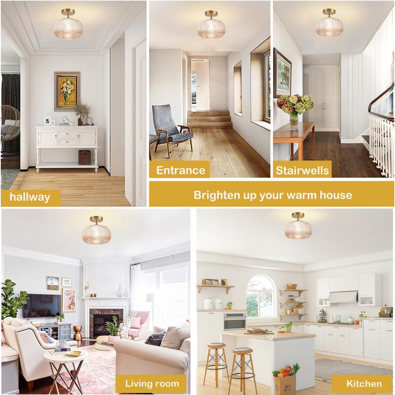 Jolydoly Semi Flush Mount Ceiling Light, Vintage Amber Glass Fixture for Hallway and Kitchen (9.84 in) fj967
