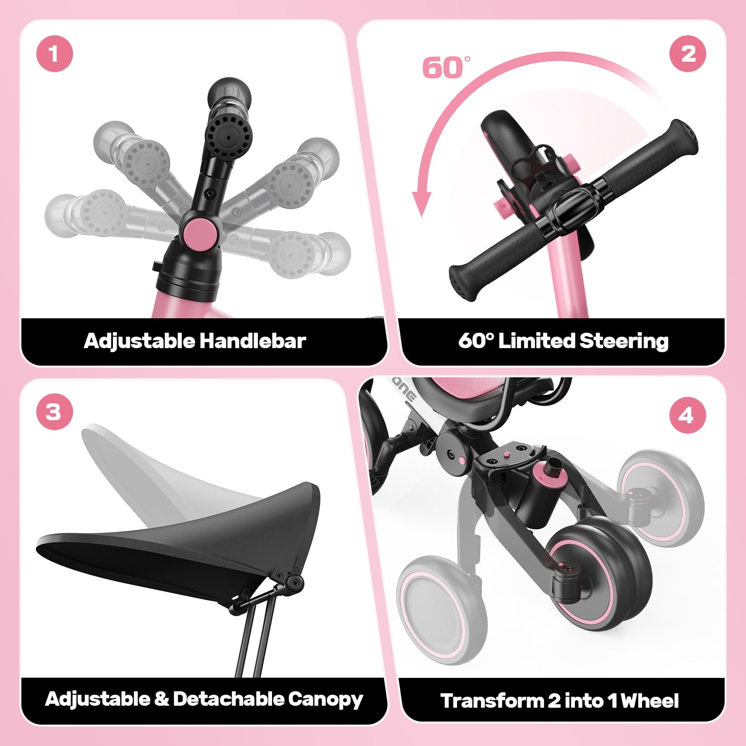 JoyStone 7-in-1 Foldable Toddler Tricycle and Balance Bike with Parental Control Handle and Adjustable Canopy (Pink) p8g8q