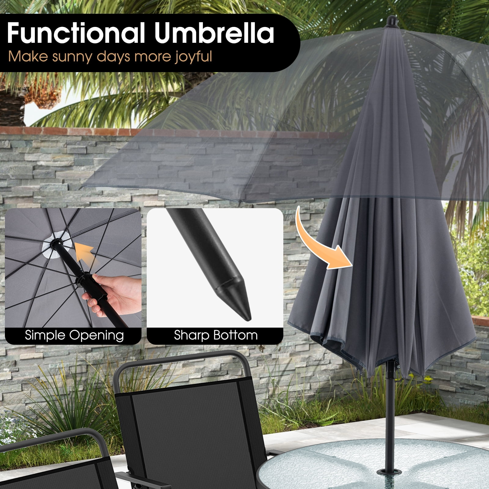 Spaco 6-Piece Patio Dining Set with Umbrella and Folding Chairs (Grey, 6-Piece Set) 475pc