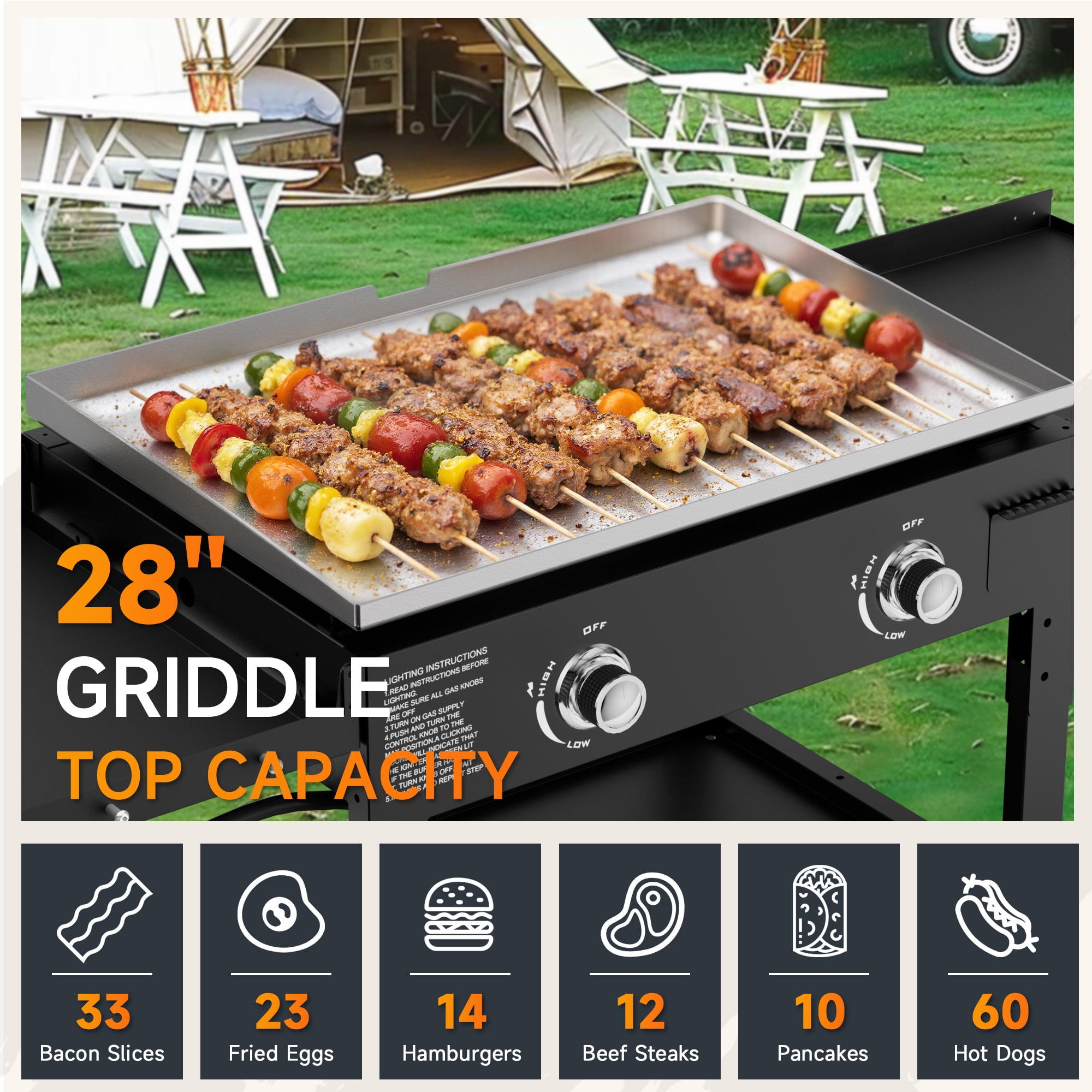 SKOK 28-inch Outdoor Propane Flat Top Gas Griddle (Black, 2-Burner Portable Grill) 0i8m2
